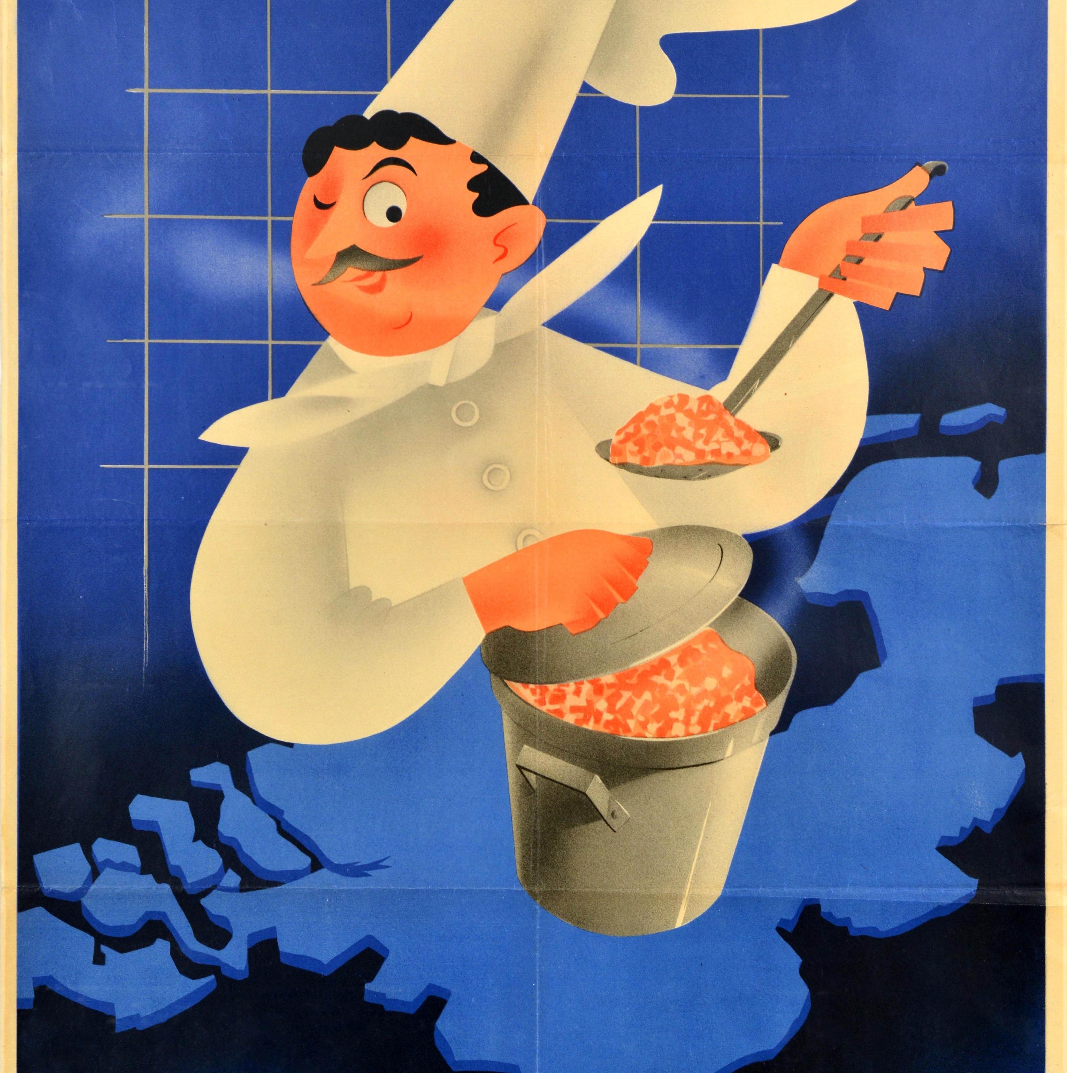 Original Vintage World War Two Food Propaganda Poster - Central Kitchens A nutritious meal for little money / Centrale Keukens Voor weinig geld een voedzaam maal - mit einer lustigen Illustration eines lächelnden Kochs, der dem Betrachter zuzwinkert