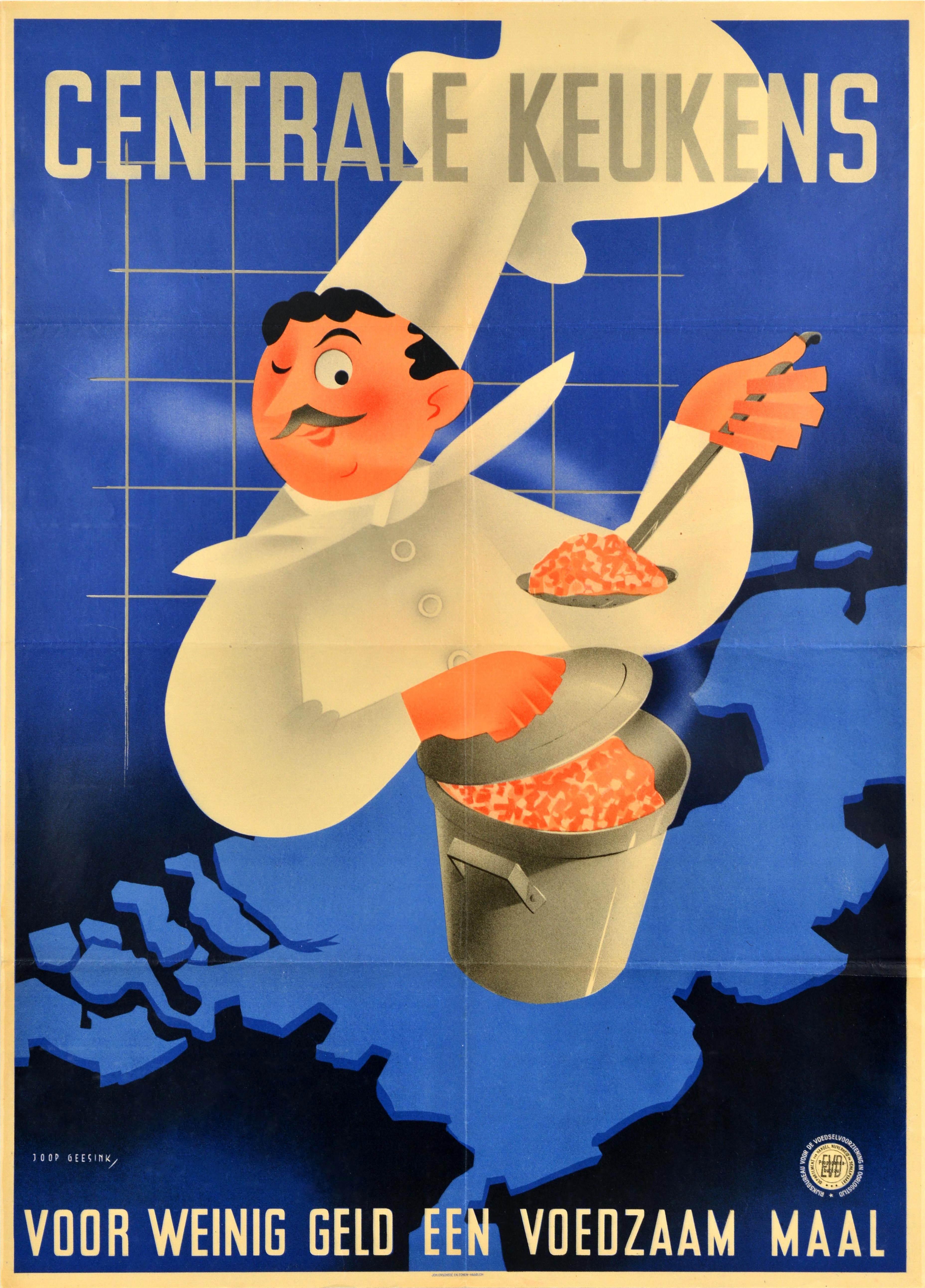 Joop Geesink Print – Original Vintage-Poster aus dem Zweiten Weltkrieg, Central Kitchens, Kriegs Food Centrale, Keukens, Karte, Chef