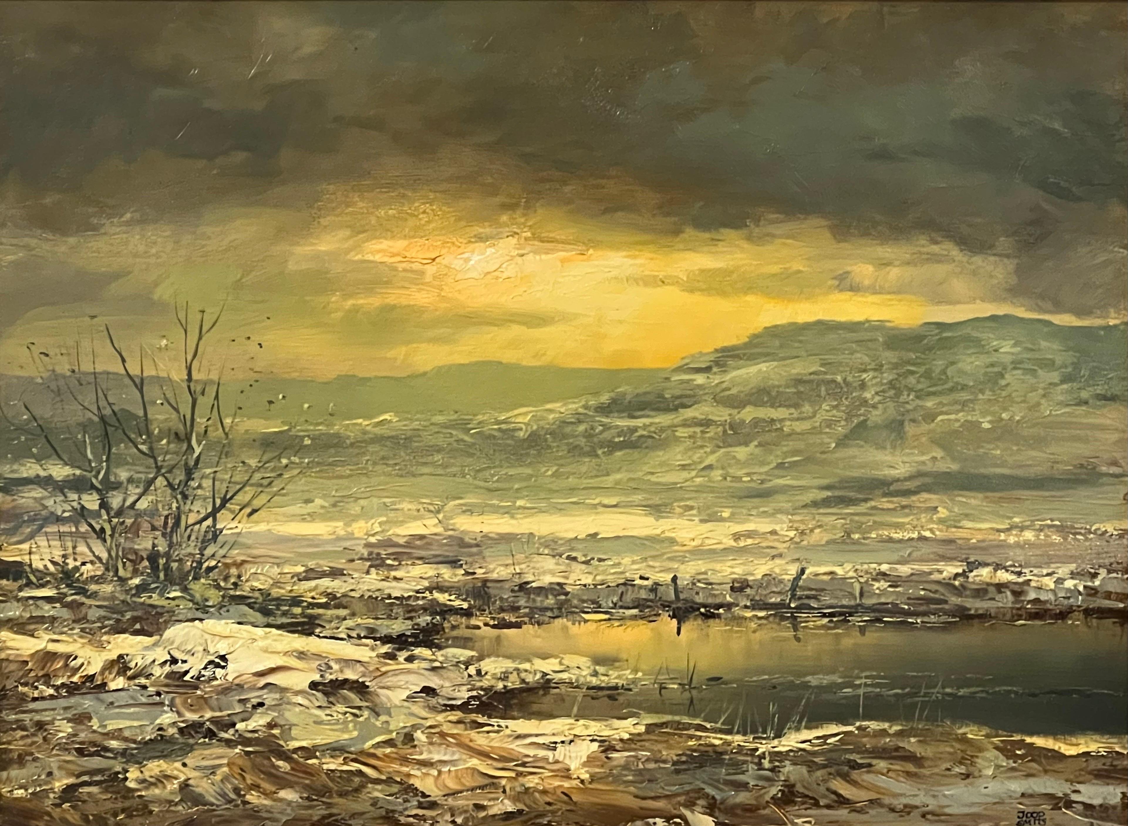 Oil Painting of the Winter Sunshine with Mountain Lake by 20th Century Dutch Artist, Joop Smits (1938-2014) 

Art measures 16 x 12 inches
Frame measures 23 x 19 inches

Artist Joop Smits was born in the Netherlands in the city of Eindhoven and was