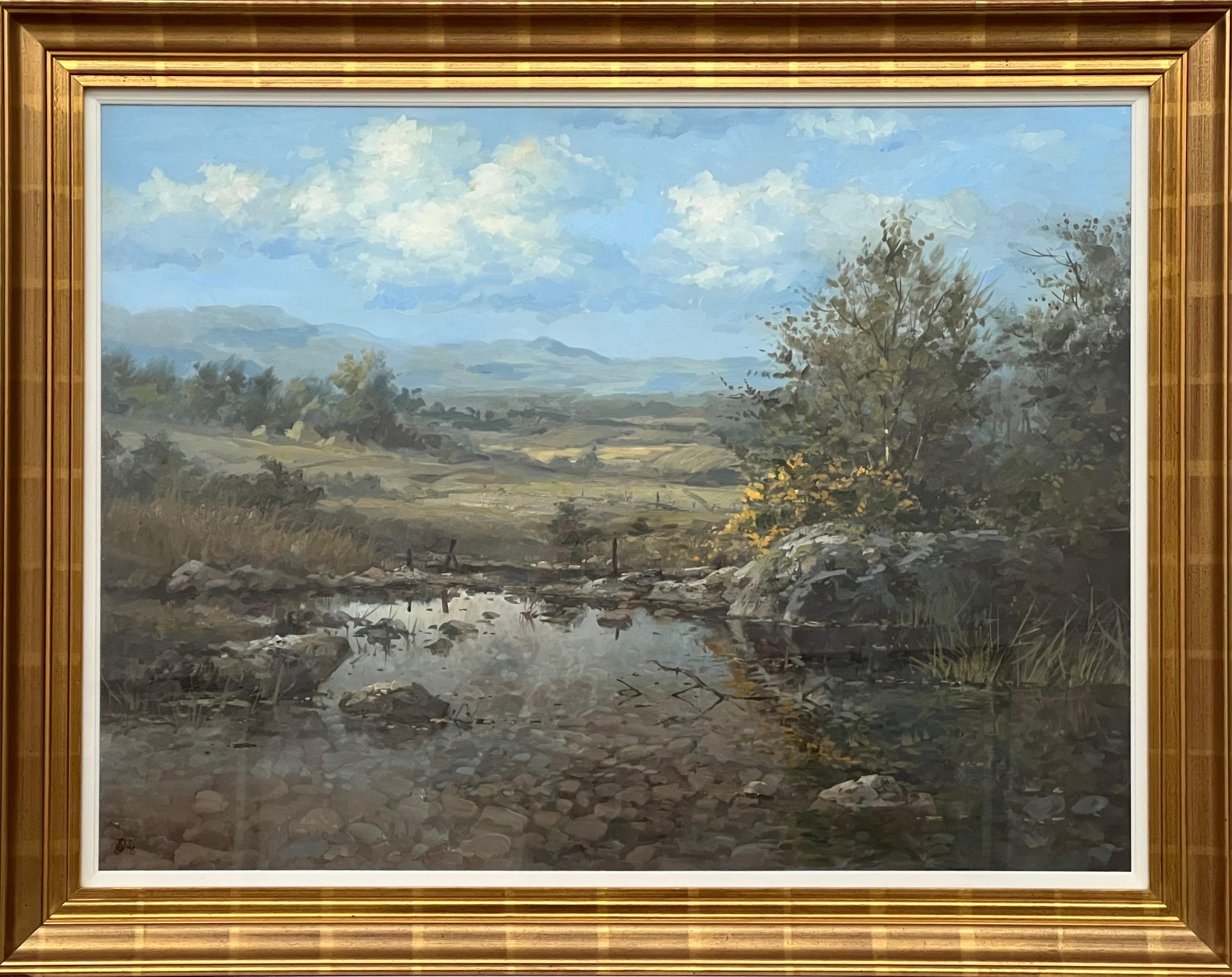 Peinture de paysage fluvial avec montagnes et arbres par un artiste néerlandais du 20e siècle 