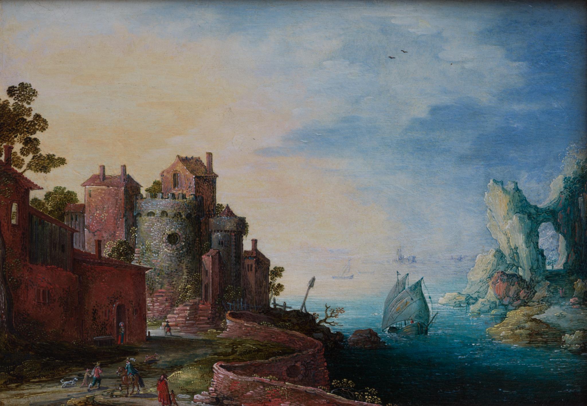 This captivating painting, rendered on copper, portrays an idyllic riverside scene. A harmonious blend of architectural elements, natural beauty, and human activity animates the composition. The village in the foreground is marked by a warm, rosy