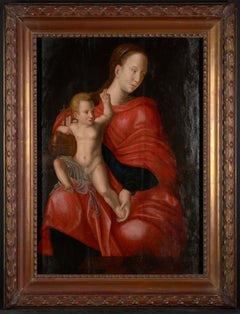 Huile sur panneau du XVIe siècle, biblique, à la manière de Joos van Cleve, Madone avec enfant