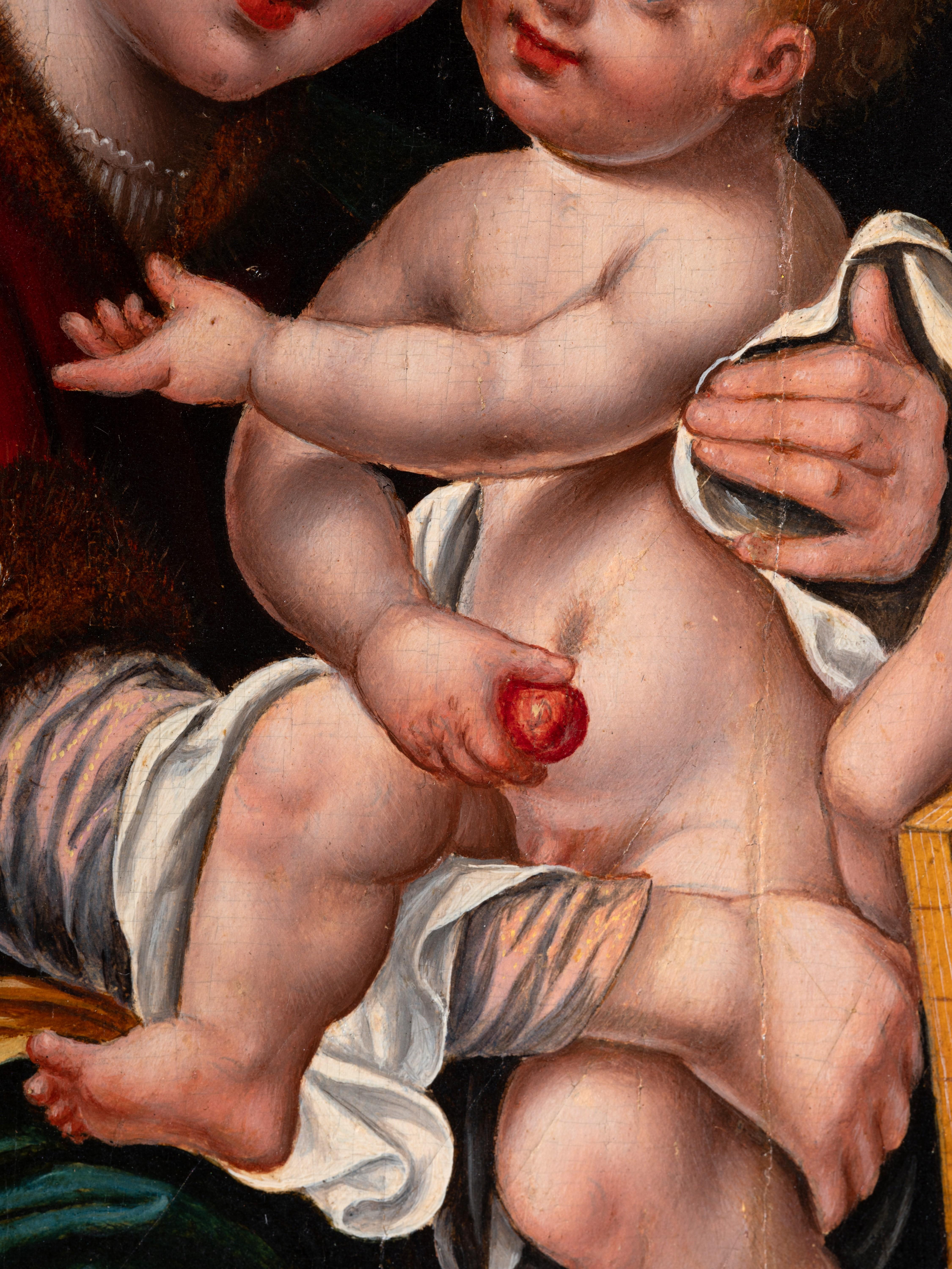 Madonna and child with angels, circle of Joos Van Cleve, 16th c. Antwerp school For Sale 5