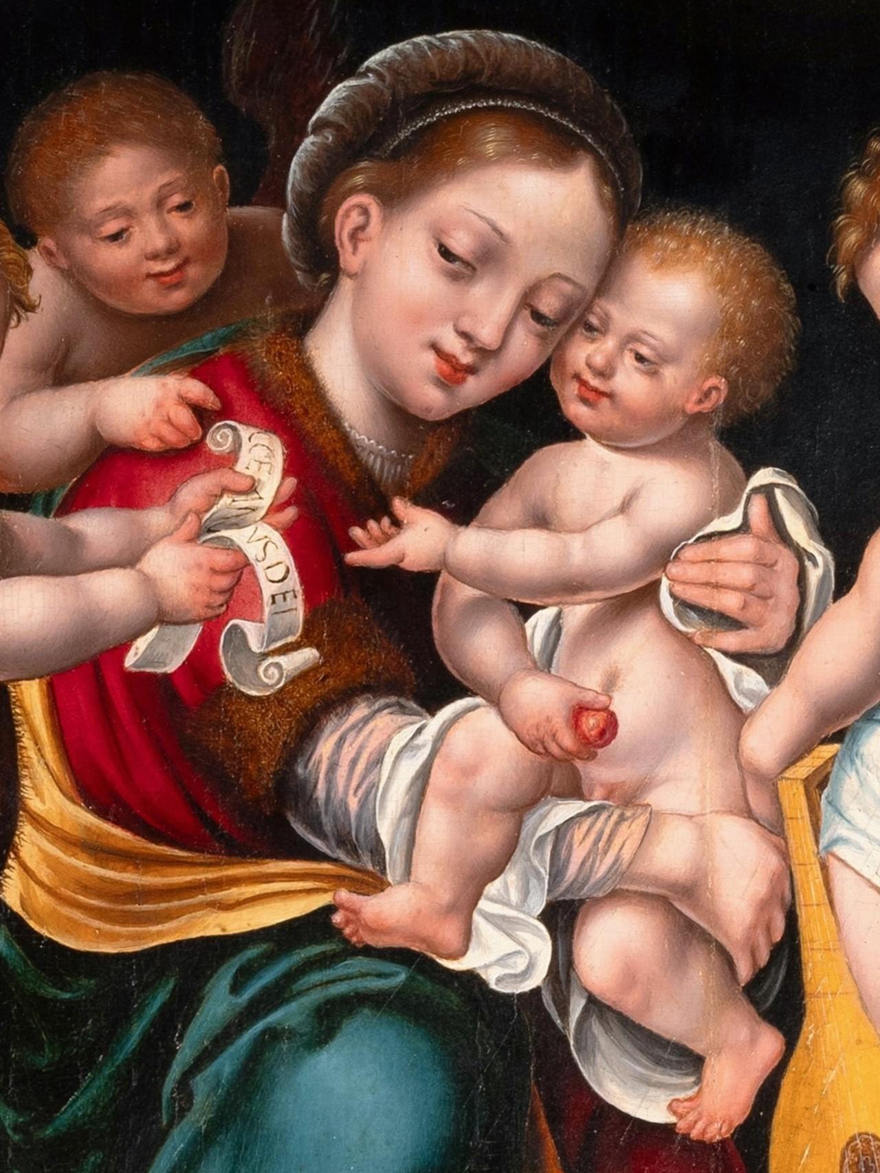 Madonna and child with angels, circle of Joos Van Cleve, 16th c. Antwerp school For Sale 6