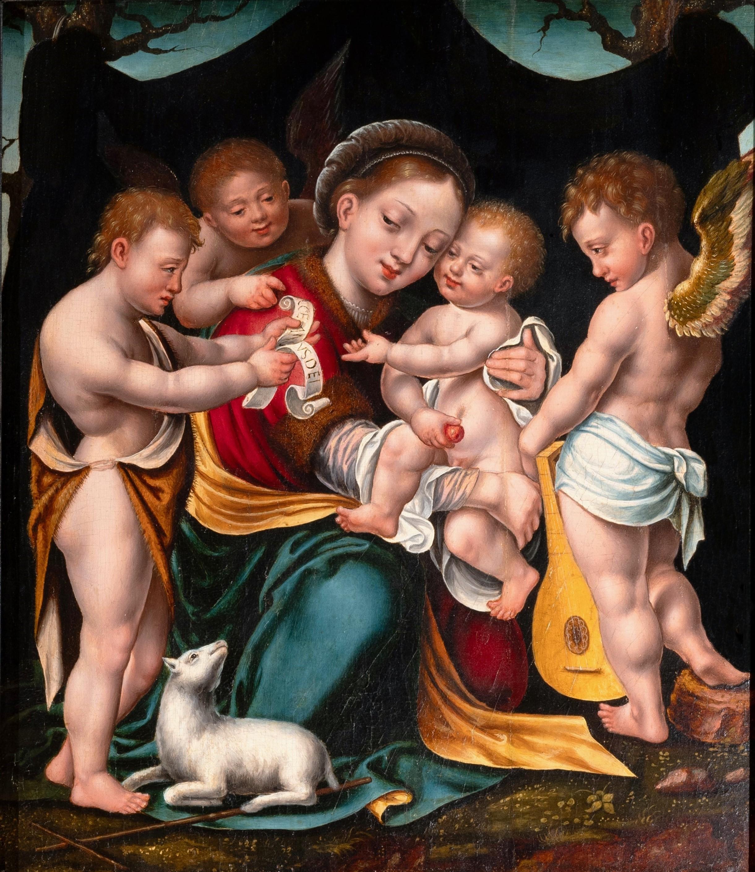 Joos van Cleve Figurative Painting - Madonna and child with angels, circle of Joos Van Cleve, 16th c. Antwerp school