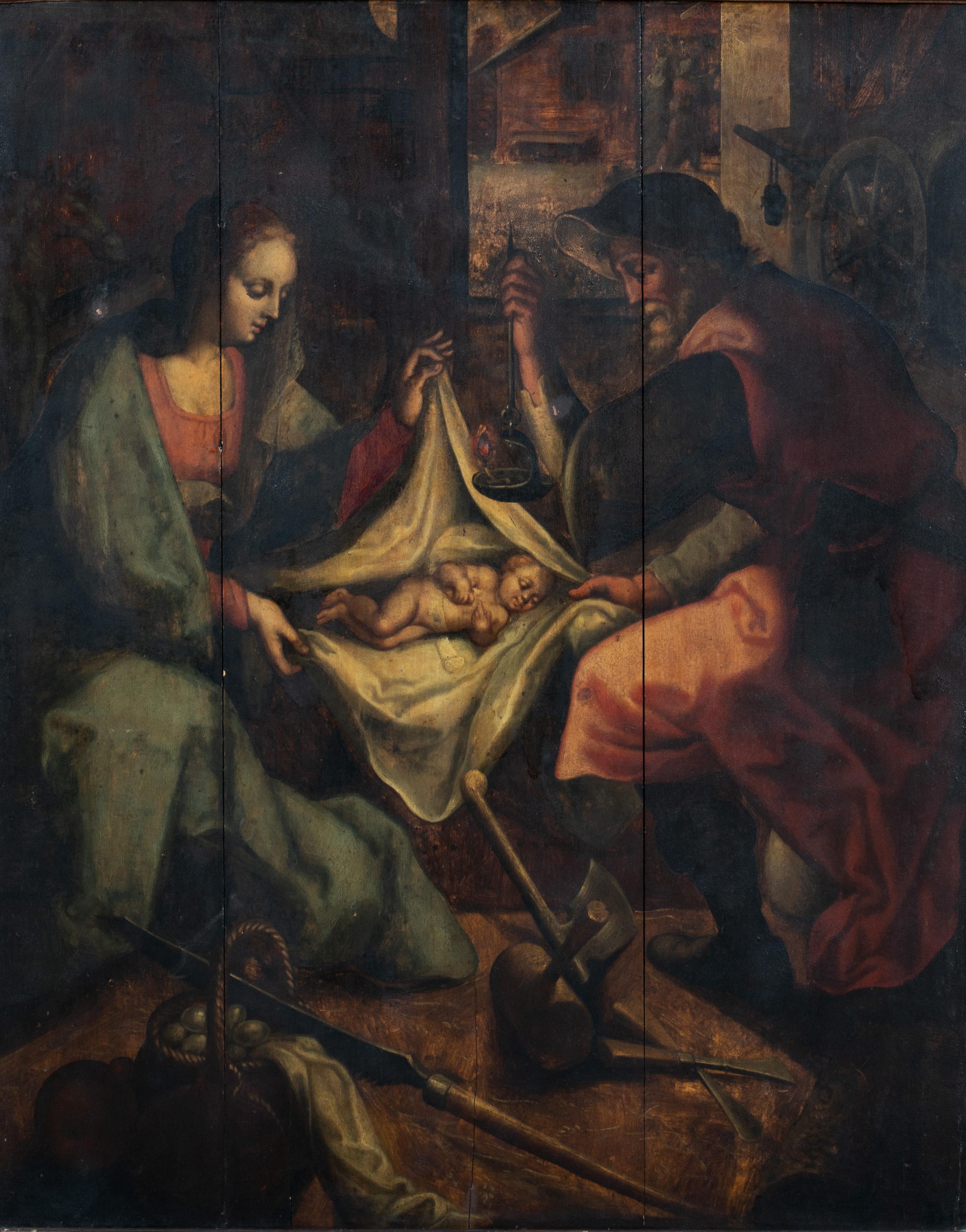 La nativité, XVIe siècle - Noir Portrait Painting par Joos VAN WINGHE 