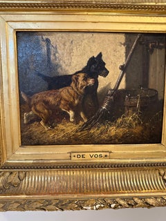 Porträt aus dem 19. Jahrhundert von zwei stehenden Terriern in einer Scheune