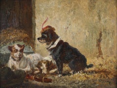 Tableau ancien du XIXe siècle, signé, représentant deux chiens, école belge. Par De Vos
