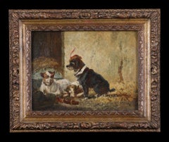Tableau ancien du XIXe siècle, signé, représentant deux chiens, école belge. Par De Vos