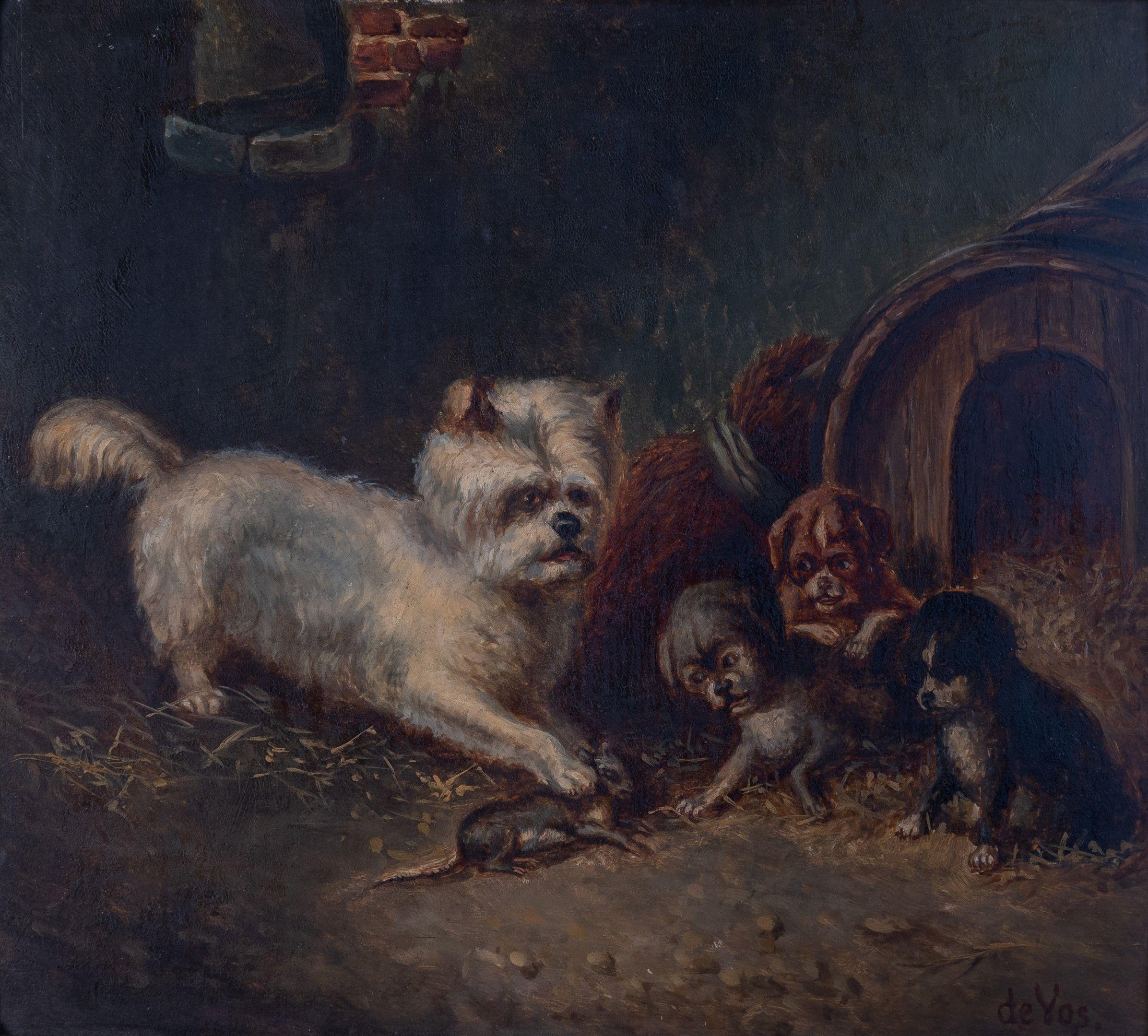 Dog and her puppies playing with a mouse, antique oil painting, Belgian art XIX - Painting by Joos Vincent de Vos