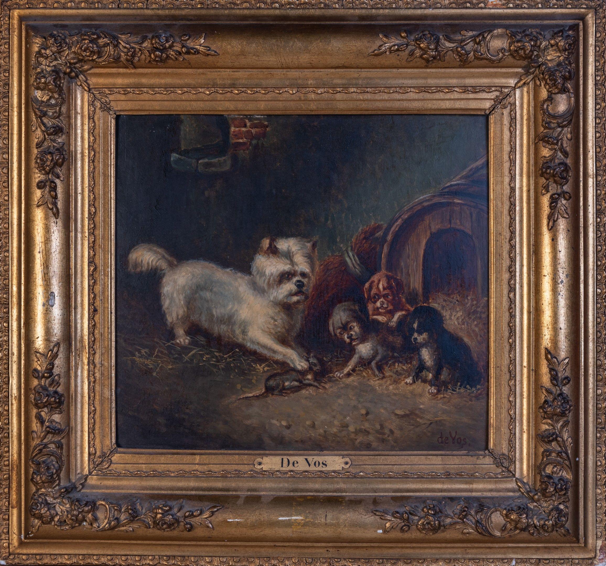 Joos Vincent de Vos Animal Painting - Dog and her puppies playing with a mouse, antique oil painting, Belgian art XIX