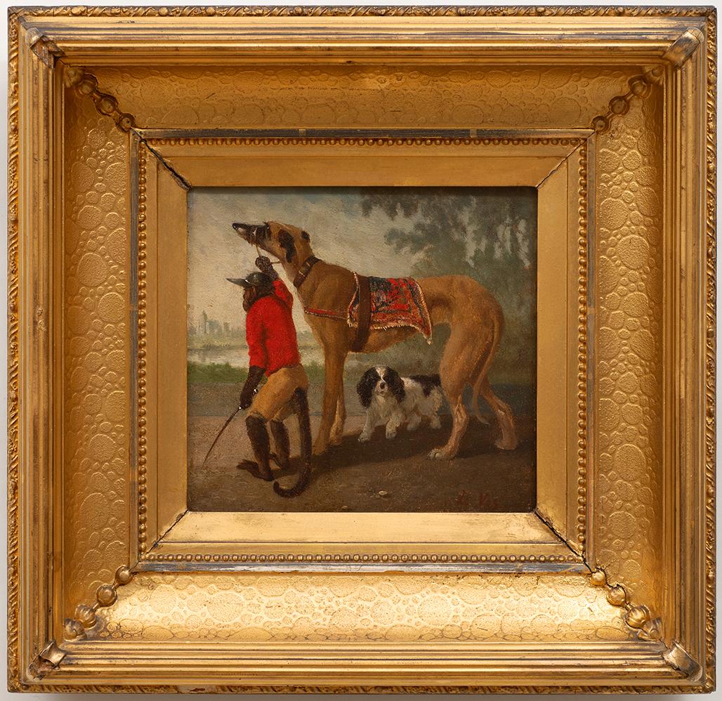 Joos Vincent de Vos Figurative Painting - Monkey and 2 Dogs Painting by Vincent De Vos (Belgium 1829-1875)