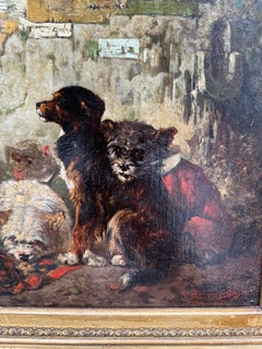 The Acrobats, 19th century portrait of three dogs and a Monkey seated together