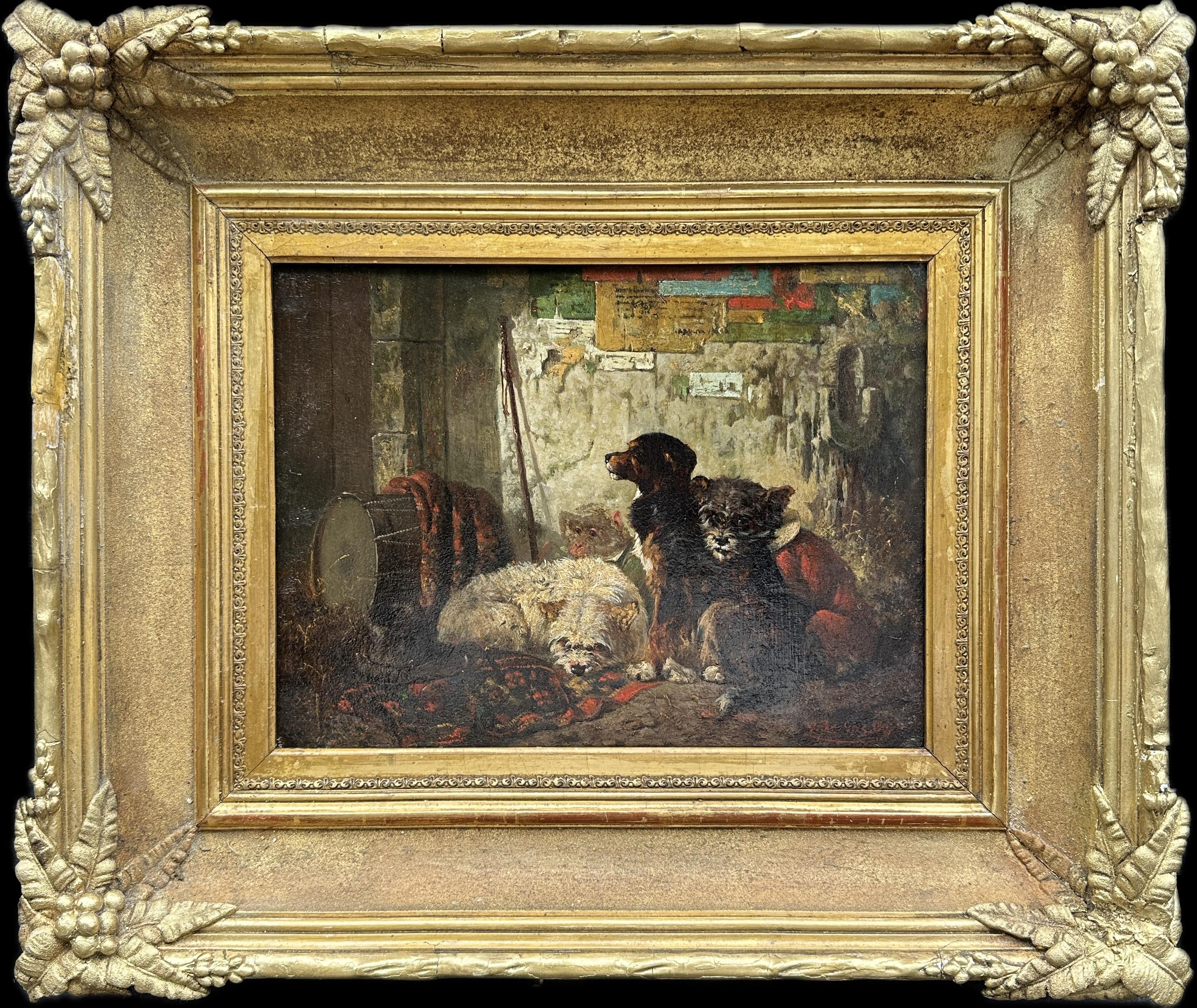 Joos Vincent de Vos Animal Painting - The Acrobats, 19th century portrait of three dogs and a Monkey seated together