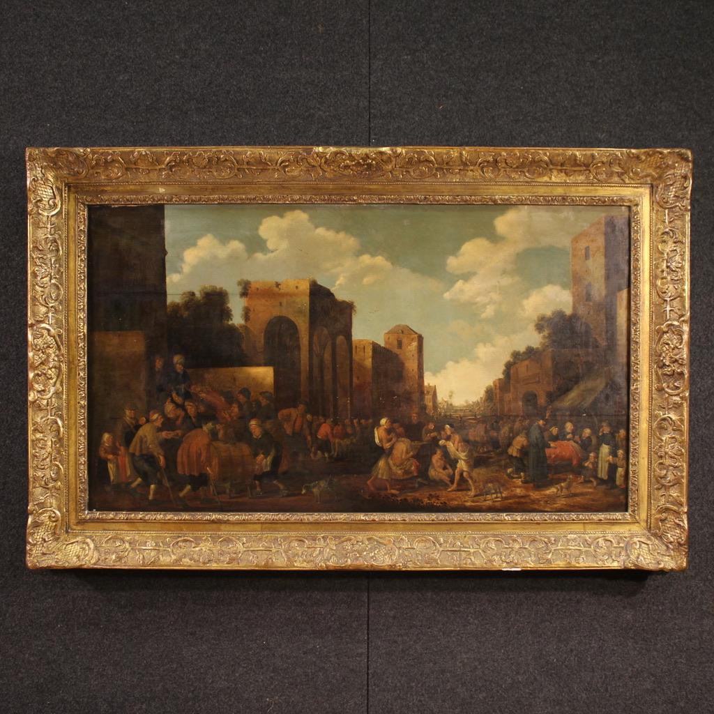 17th Century Oil on Panel Flemish Genre Scene Antique Painting, 1646
