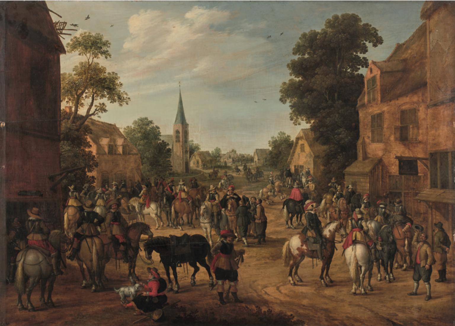 Joost Cornelisz Droochsloot Figurative Painting - Stopover for Riders in a Village