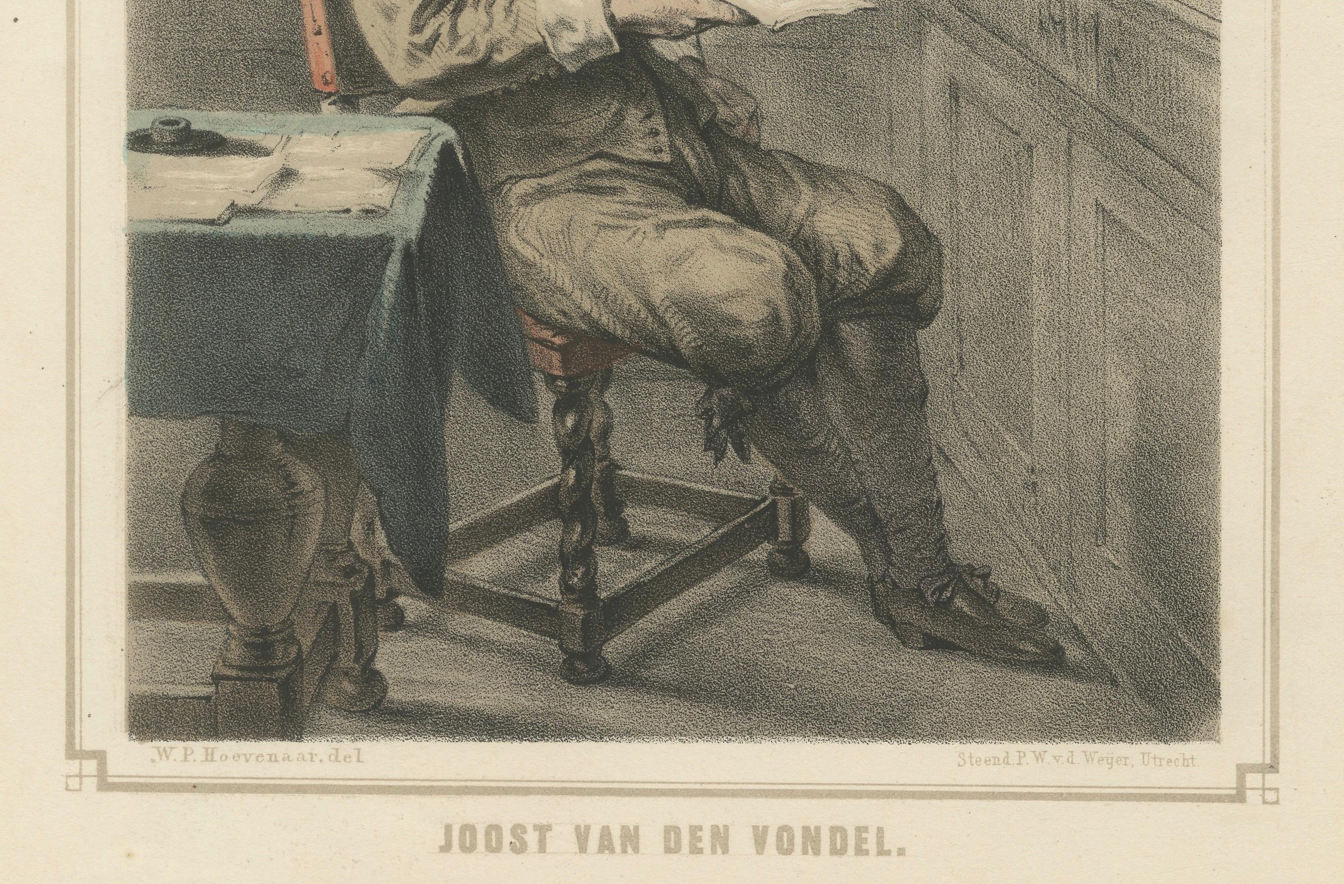 Joost van den Vondel schreibt in seiner Werkstatt - handkolorierte Lithographie aus dem 19.

Beschreibung:  
Diese handkolorierte Lithografie aus dem 19. Jahrhundert zeigt Joost van den Vondel, den berühmtesten Dichter und Dramatiker des Goldenen