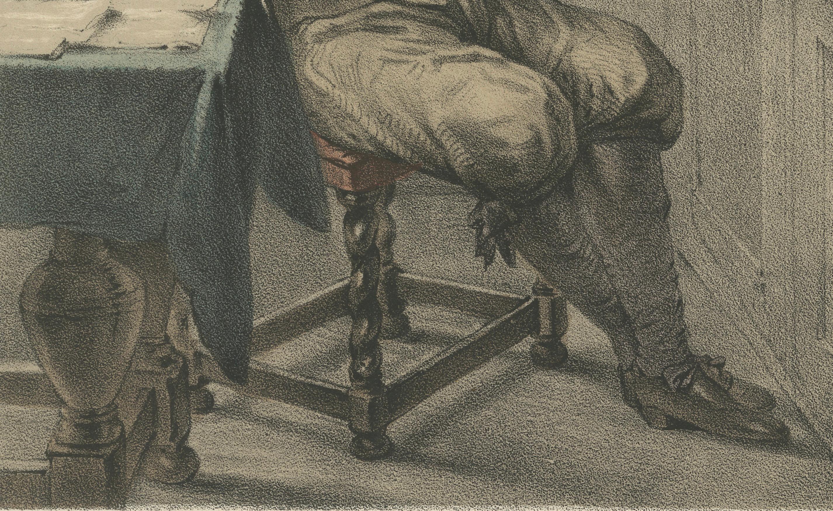 Joost van den Vondel schreibt in seiner Werkstatt - handkolorierte Lithographie aus dem 19. im Zustand „Gut“ im Angebot in Langweer, NL