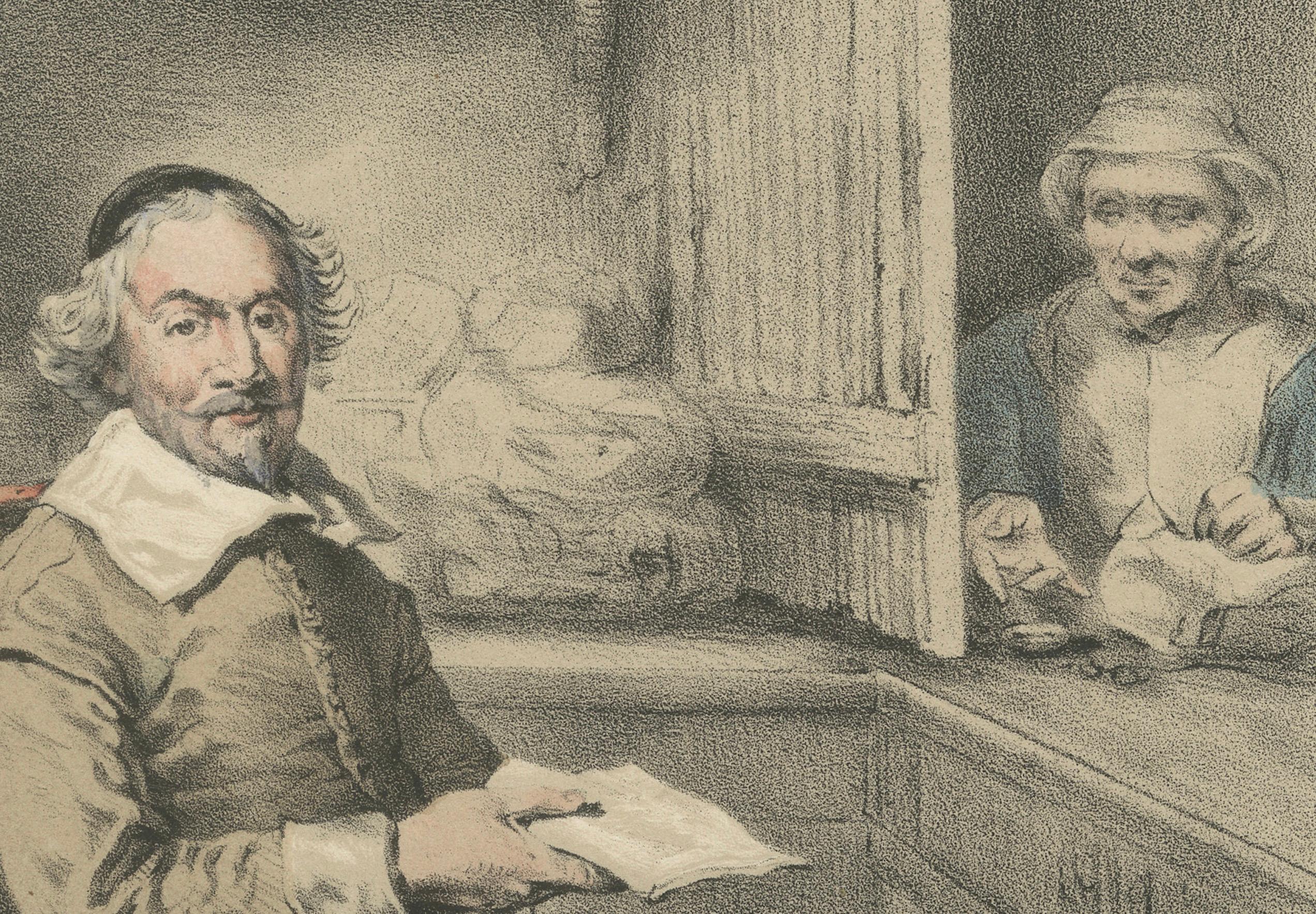 Joost van den Vondel schreibt in seiner Werkstatt - handkolorierte Lithographie aus dem 19. (Mittleres 19. Jahrhundert) im Angebot