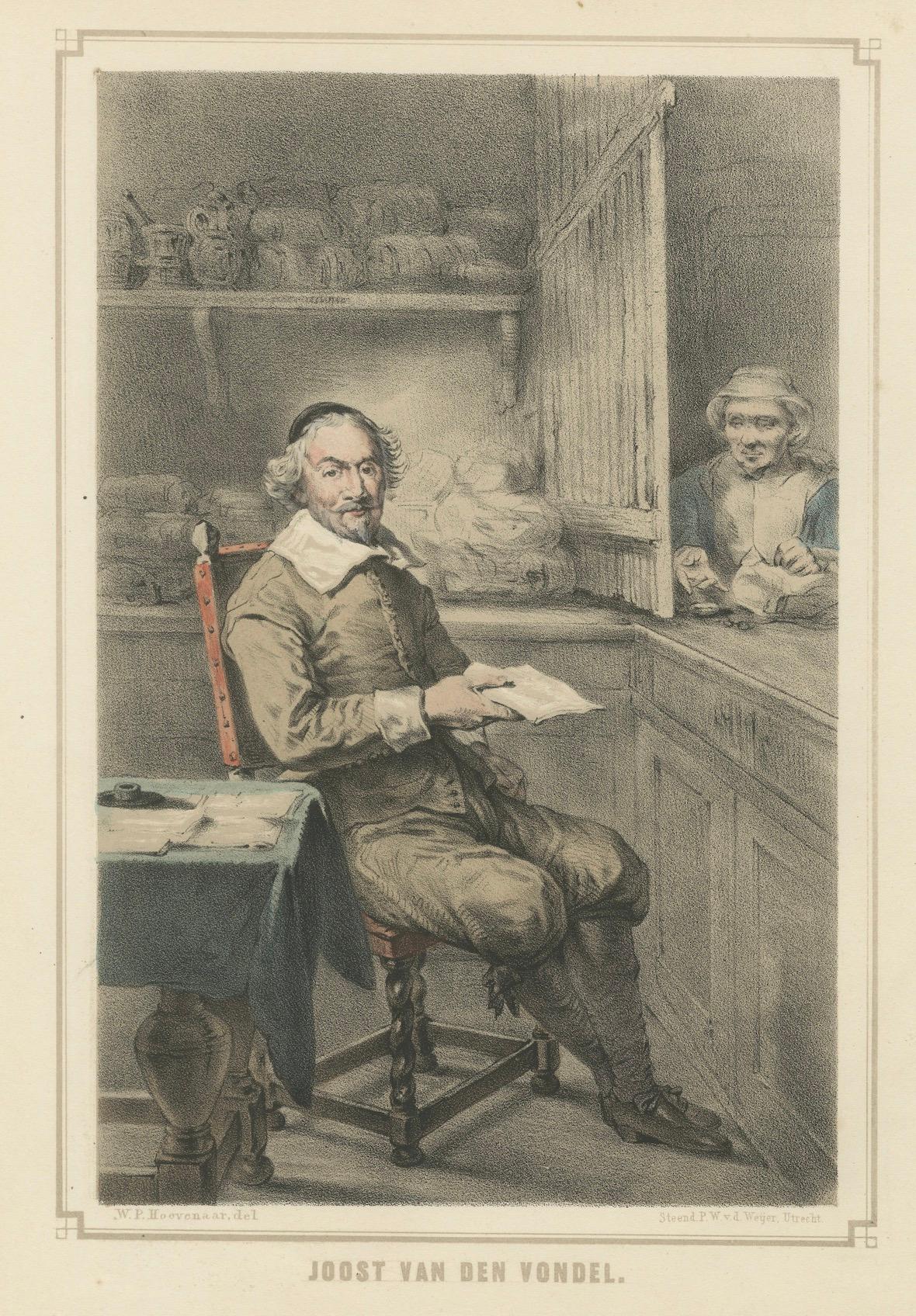 Joost van den Vondel schreibt in seiner Werkstatt - handkolorierte Lithographie aus dem 19. im Angebot 1