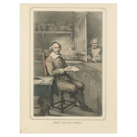 Joost van den Vondel Writing in His Shop – 19th-Century Hand-Colored Lithograph