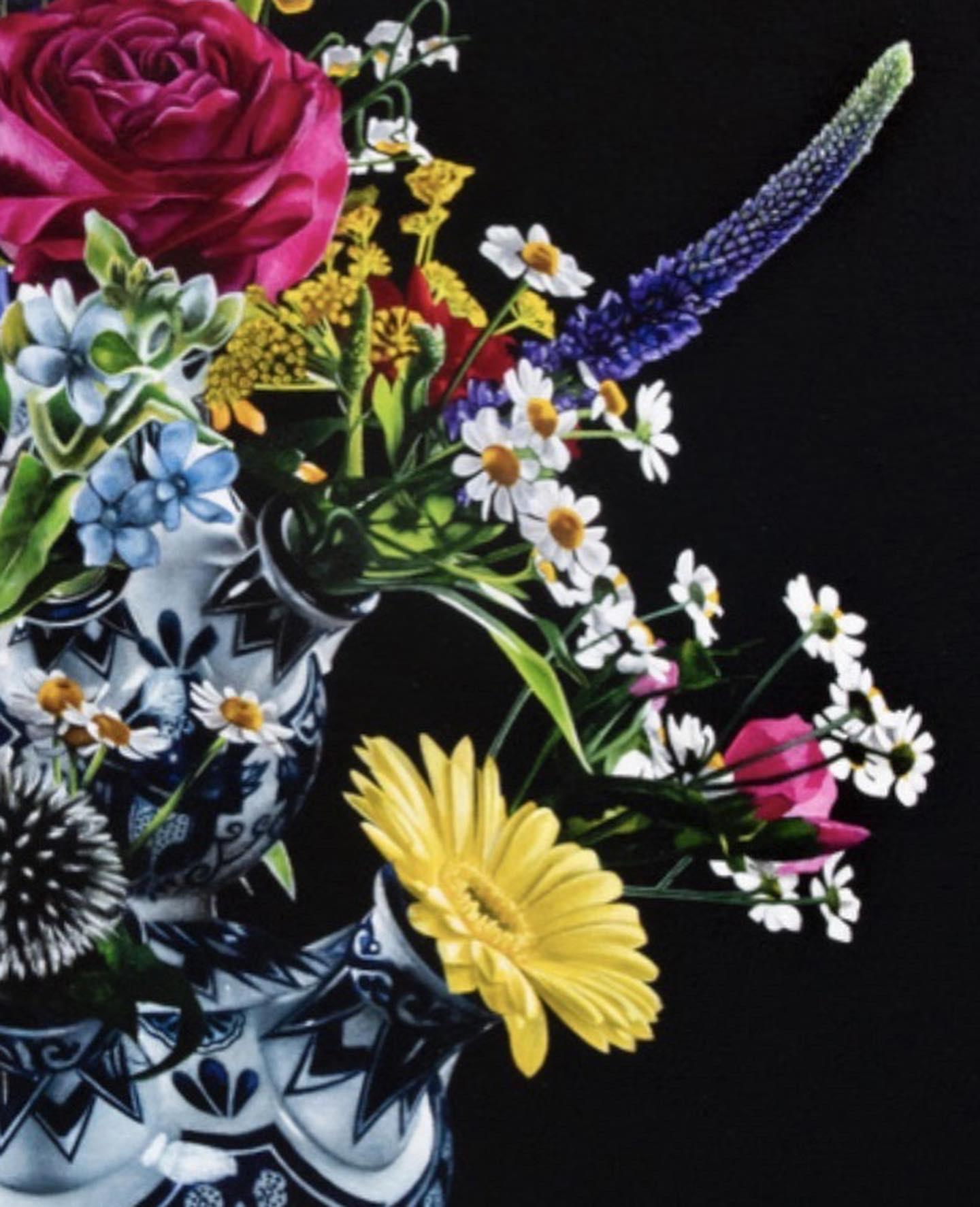 Flowers-21st Century Contemporary Flower Painting of a Tulip vase with Flowers - Black Still-Life Painting by Joran van der Haar