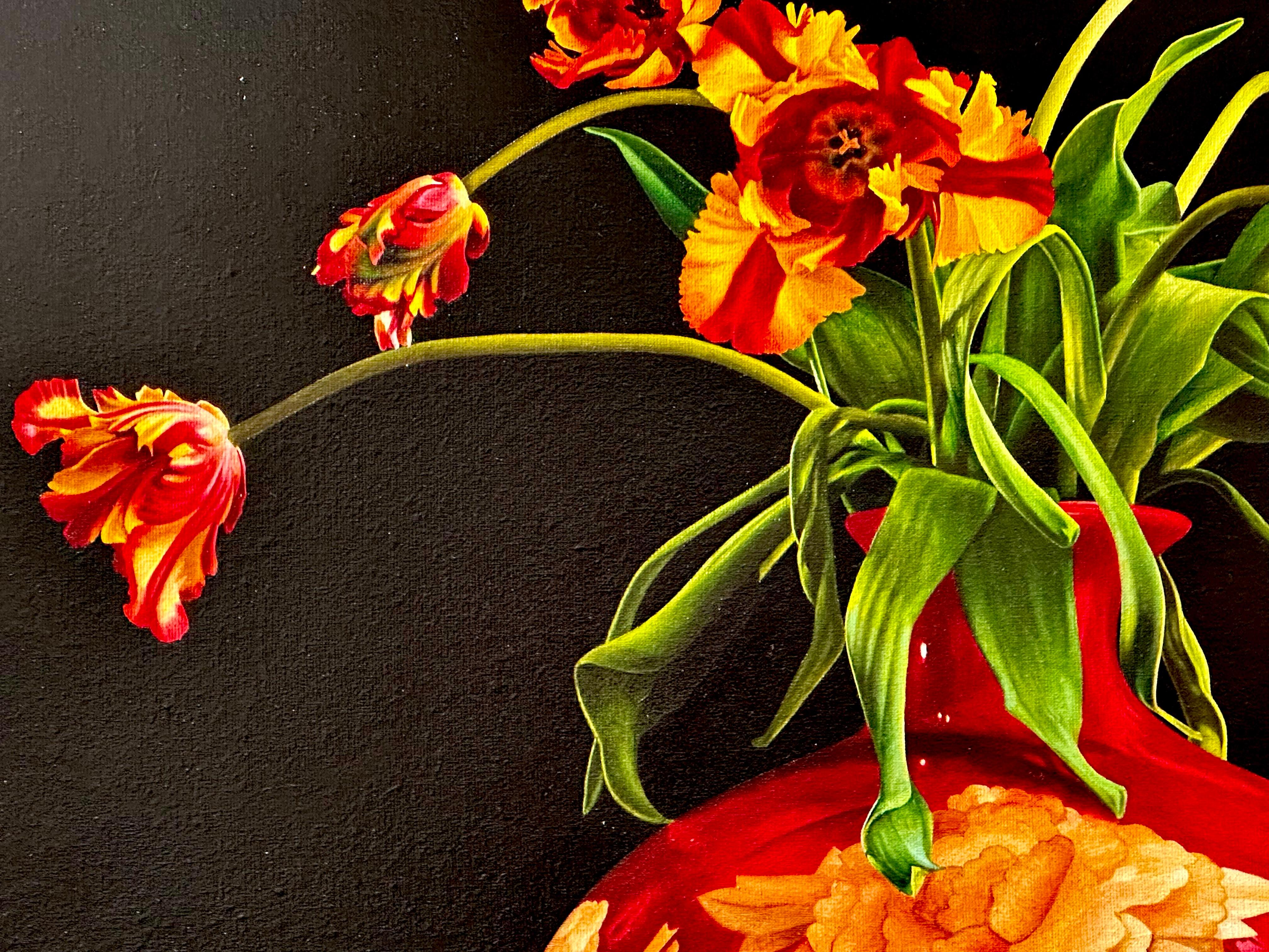 Tulips in red and yellow in Red Vase -21st Century Realistic Flower Painting  For Sale 2