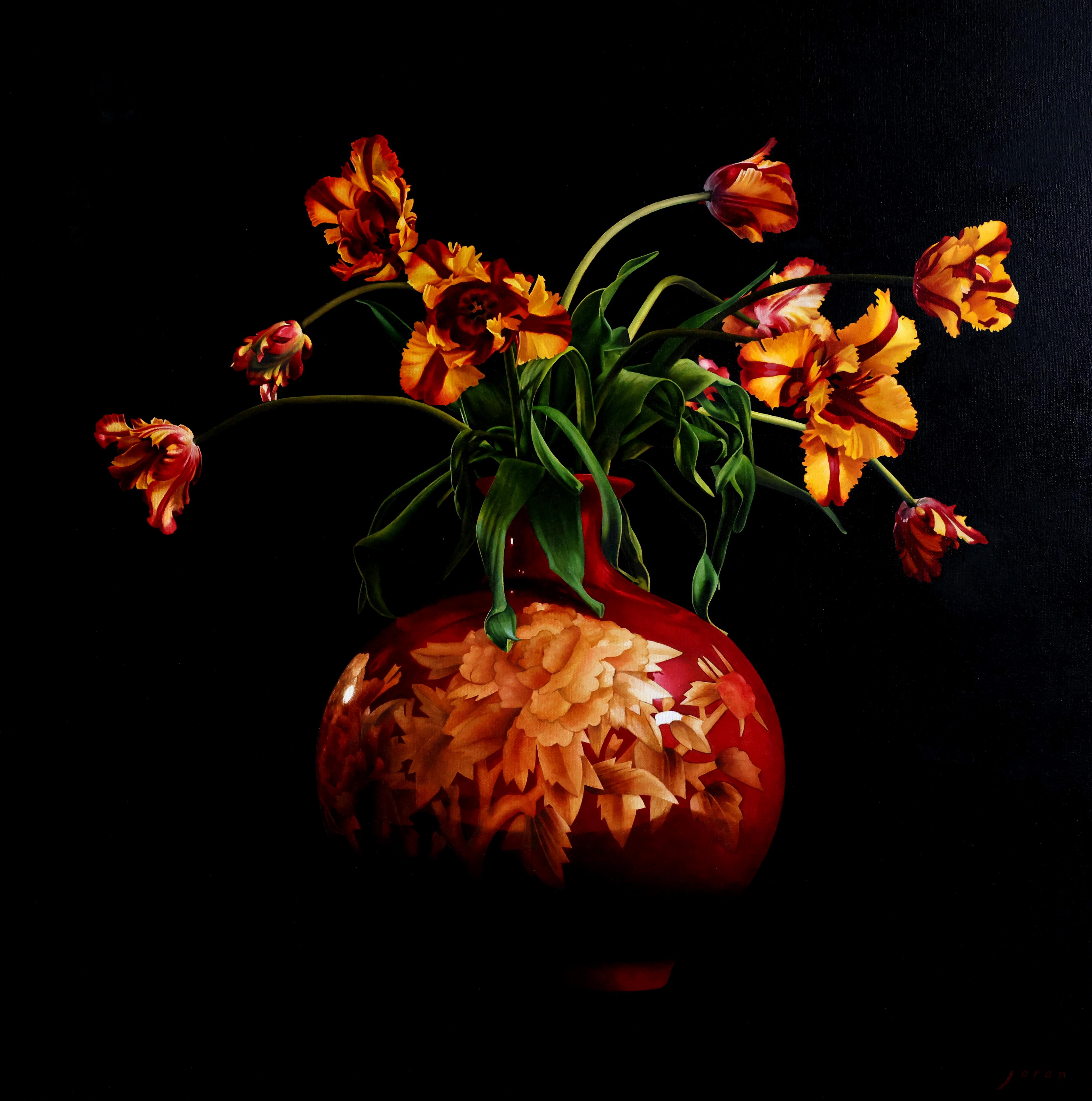 Tulips in red and yellow in Red Vase -21st Century Realistic Flower Painting 