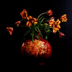 Tulips in red and yellow in Red Vase -21st Century Realistic Flower Painting 