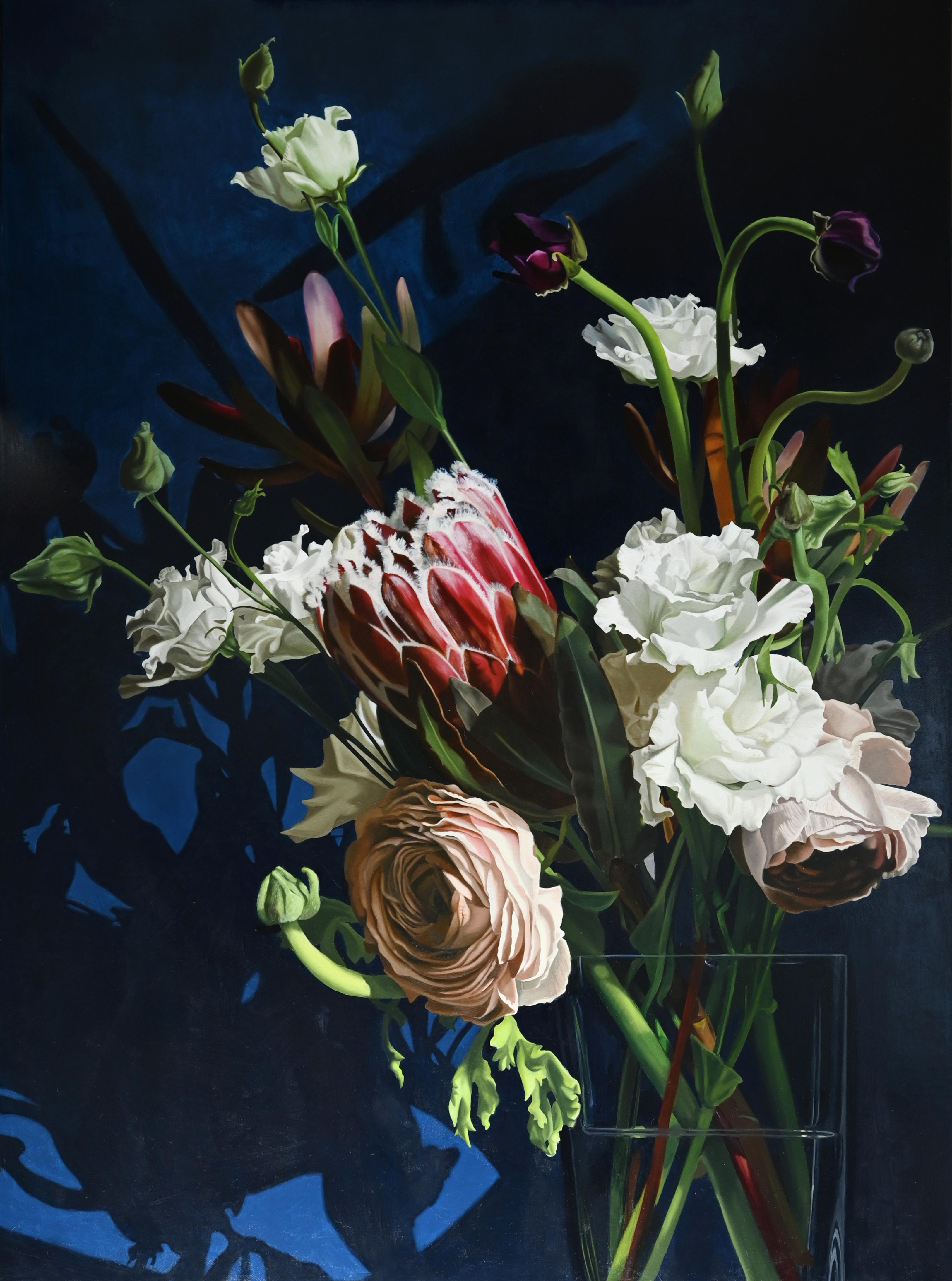 Jordan Baker Still-Life Painting - "Blue Velvet" - large scale floral still life painting, realism - Rachel Ruysch
