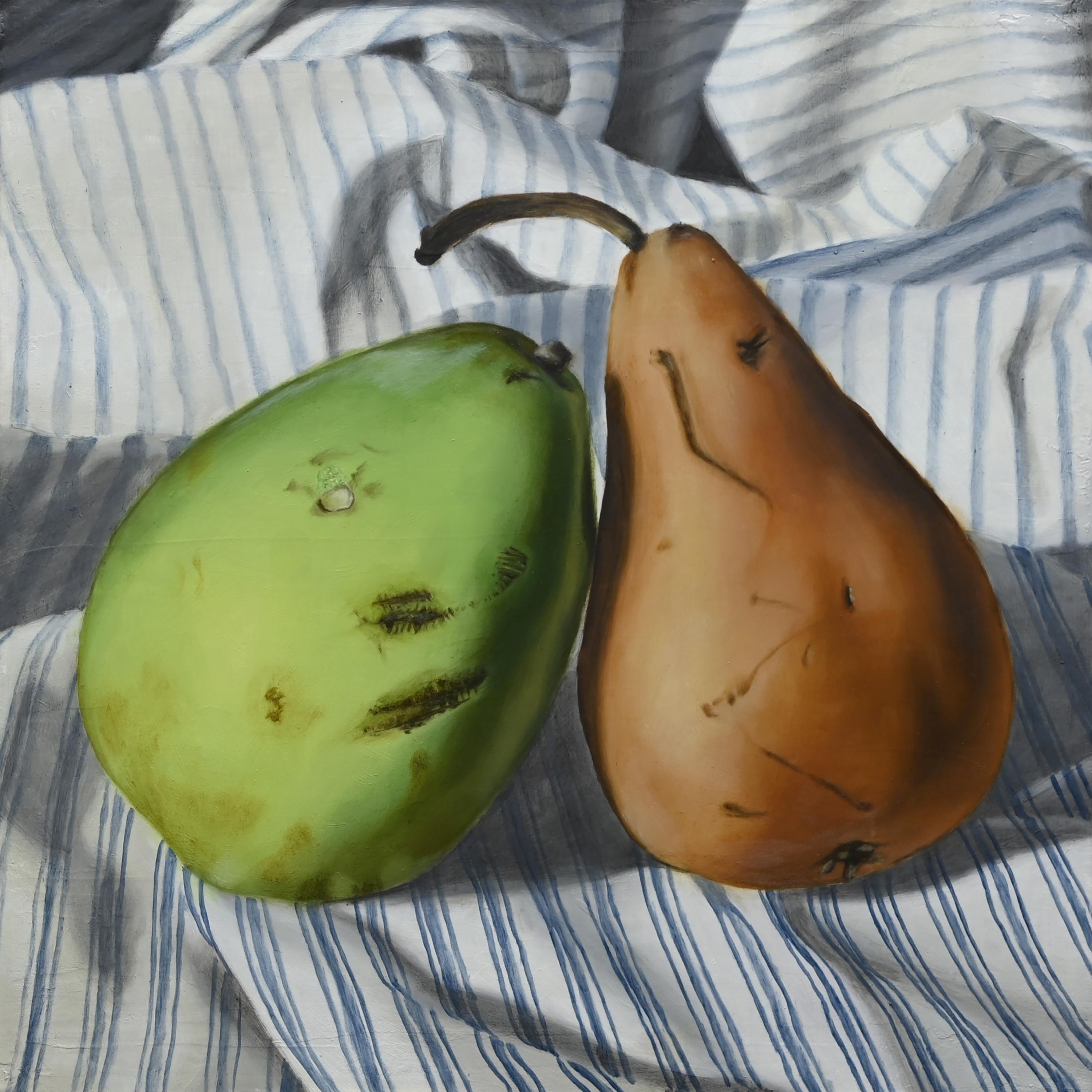 Jordan Baker Still-Life Painting - "Odd Couple" - still life with pears - striped - realism - Raphaelle Peal