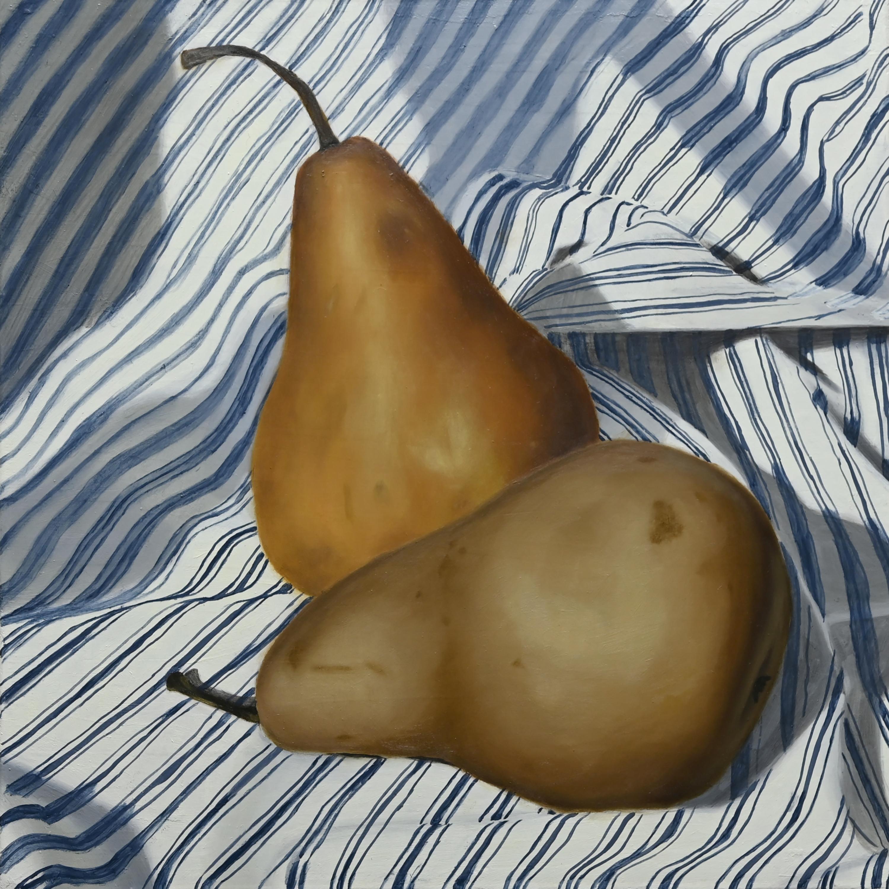 Jordan Baker Still-Life Painting - "Pear Pair" - still life with pears - stripes - realism - Raphaelle Peal