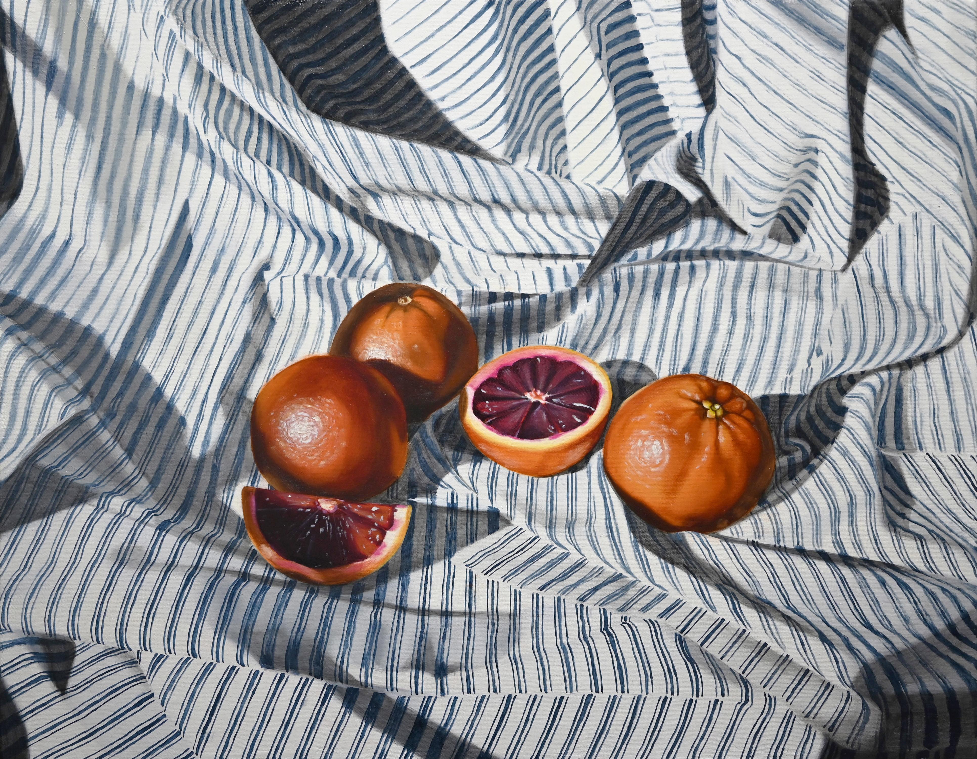 Jordan Baker Still-Life Painting - "Sea of Stripes: Blood Oranges" - still life with oranges, realism - Velasquez