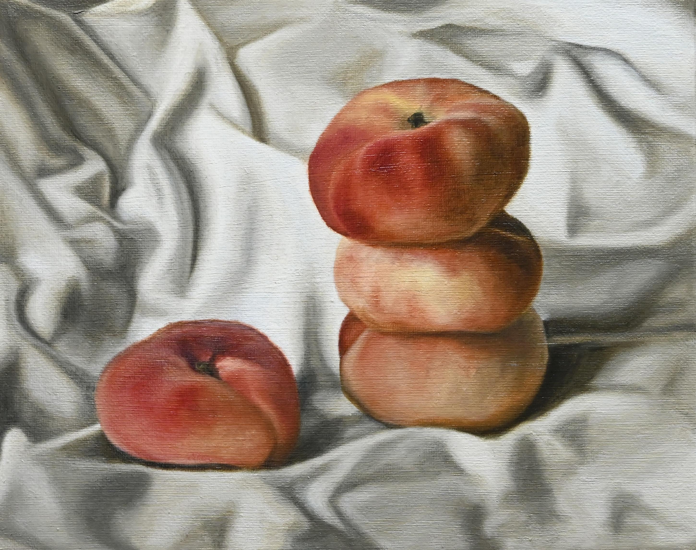 Jordan Baker Still-Life Painting - "Stack of Donut Peaches" still life with fruit, velvet, realism, Caravaggio