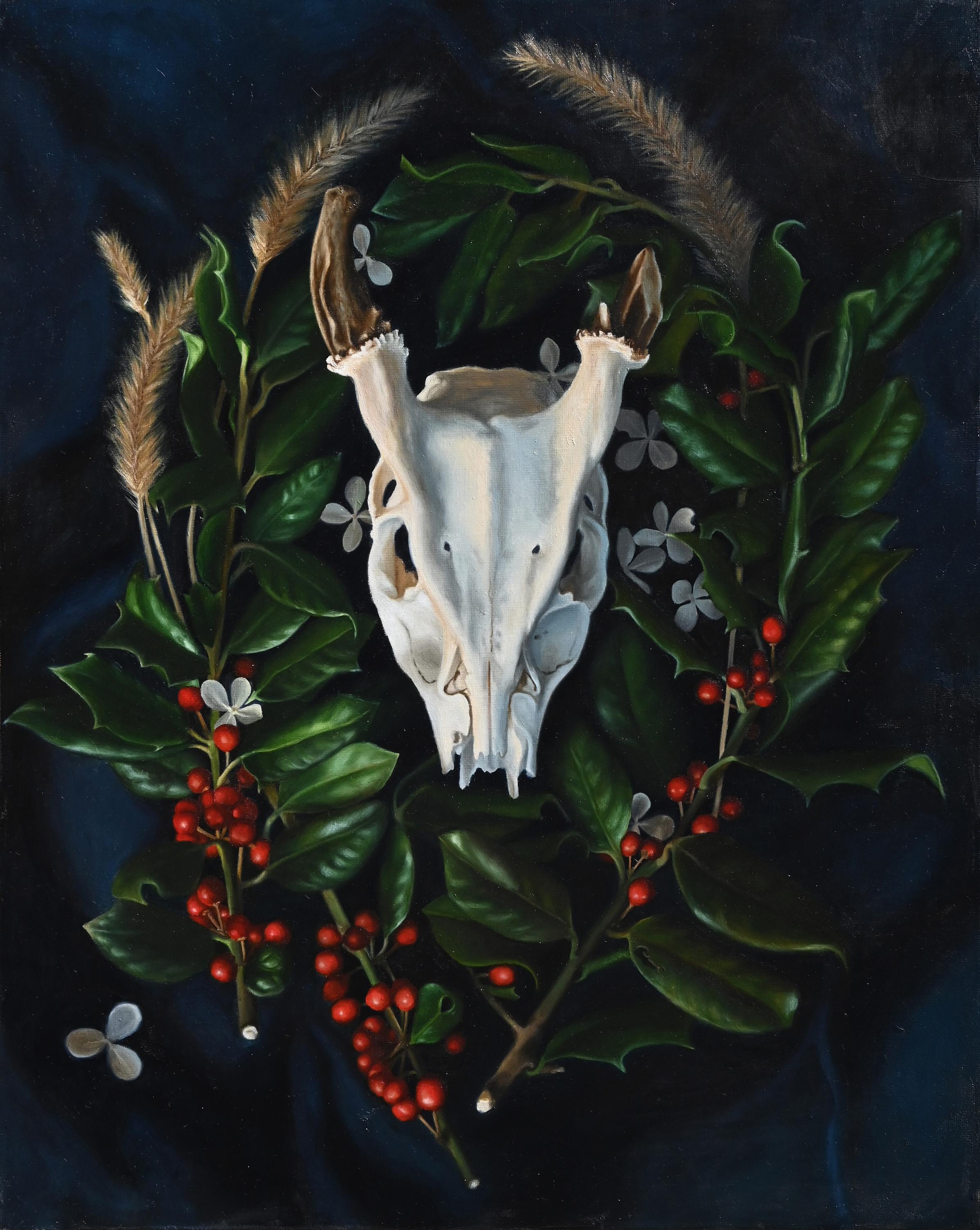 Still-Life Painting Jordan Baker - "Vanitas : Yuletide Harvest" Nature morte, crâne, réalisme, botanique