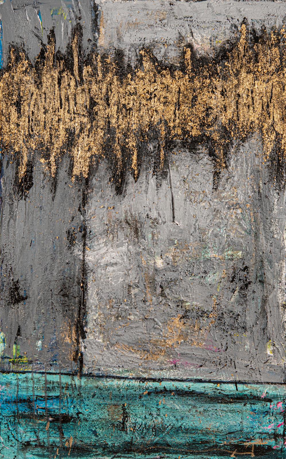 Abstract Painting di Jordan Barker - "Ora d'oro" - Pittura a tecnica mista testurizzata