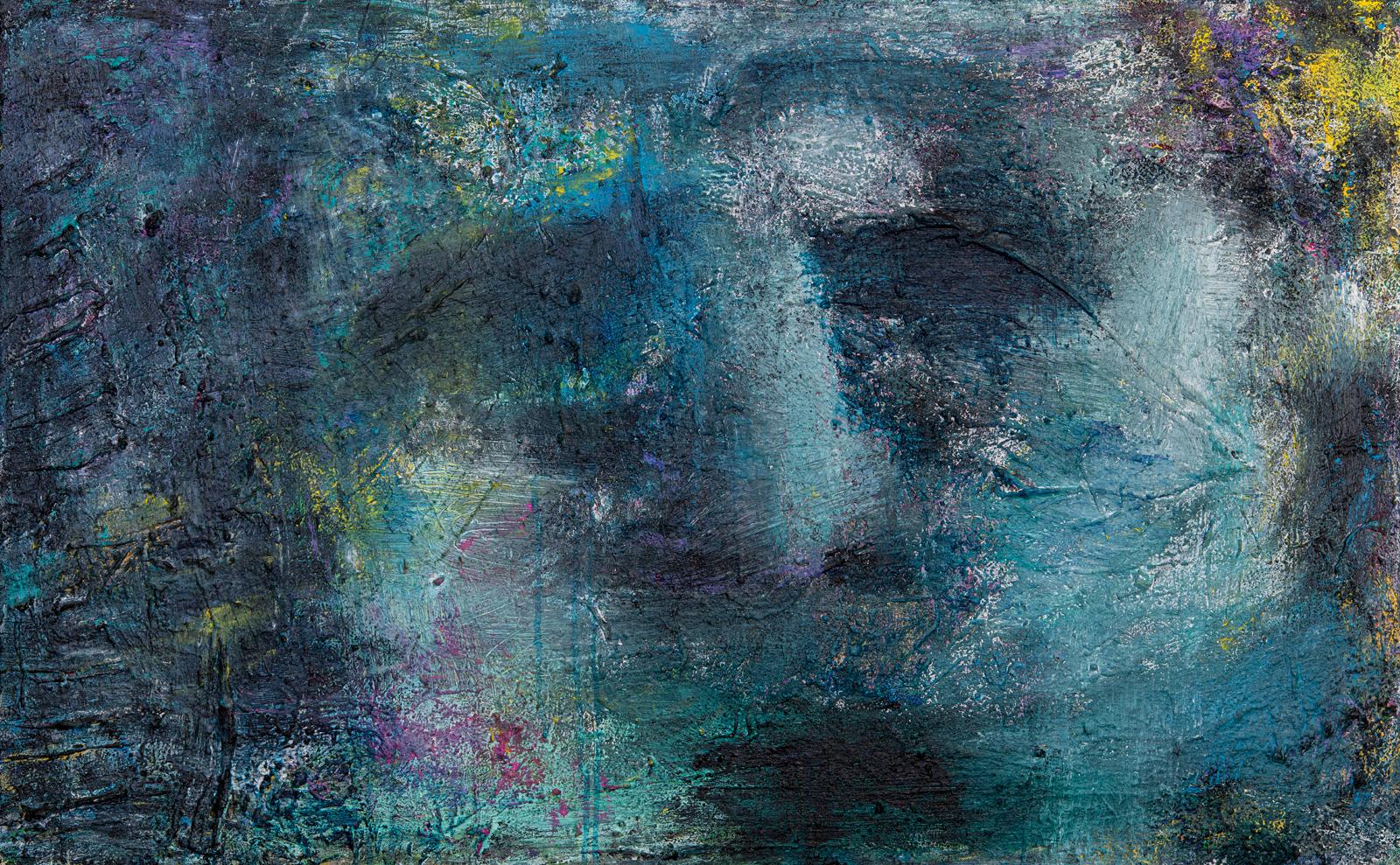 Abstract Painting Jordan Barker - « Outside the Lines » - Des nuances lunatiques de peinture de portrait abstrait bleu