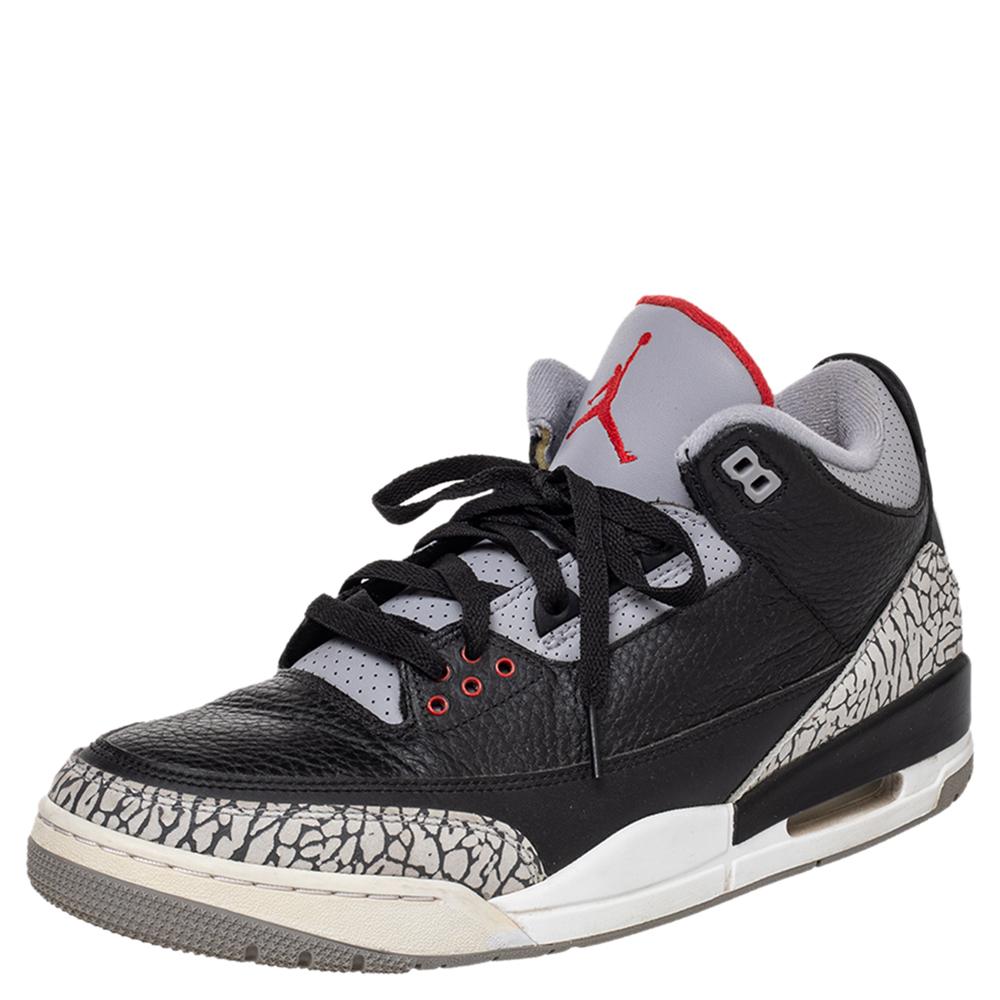 Men's Jordan Black Leather Air Jordan 3 Retro OG High Top Sneakers Size 46