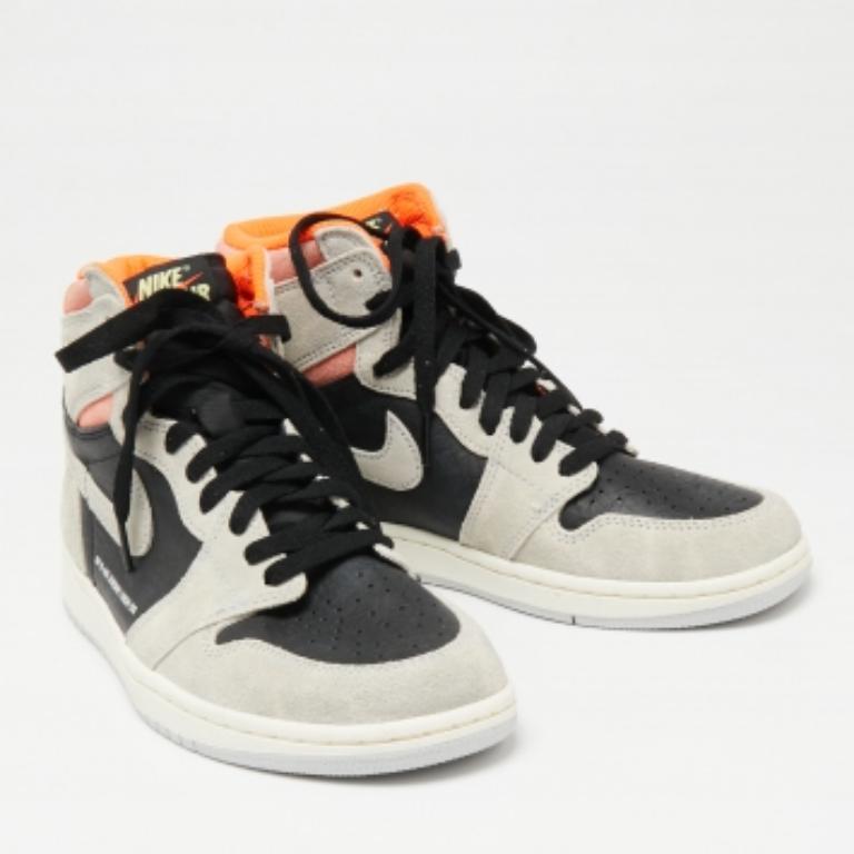 Women's Jordan Grey Suede Leather 1 Retro High Neutral Hyper Crimson Sneakers Size 40.5