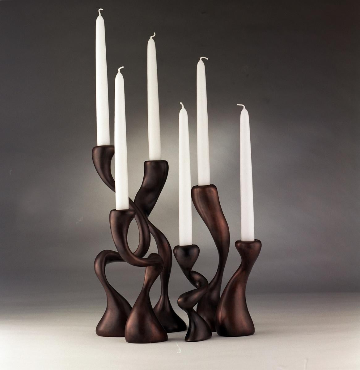 Set of Five  Anna Mae Candlesticks / Candleholders, Recycled Cast Red-Bronze, Chicago,USA,  2003. Jordan Mozer (b. 1958), Collection of the artist. Signed. Sizes vary up to 3