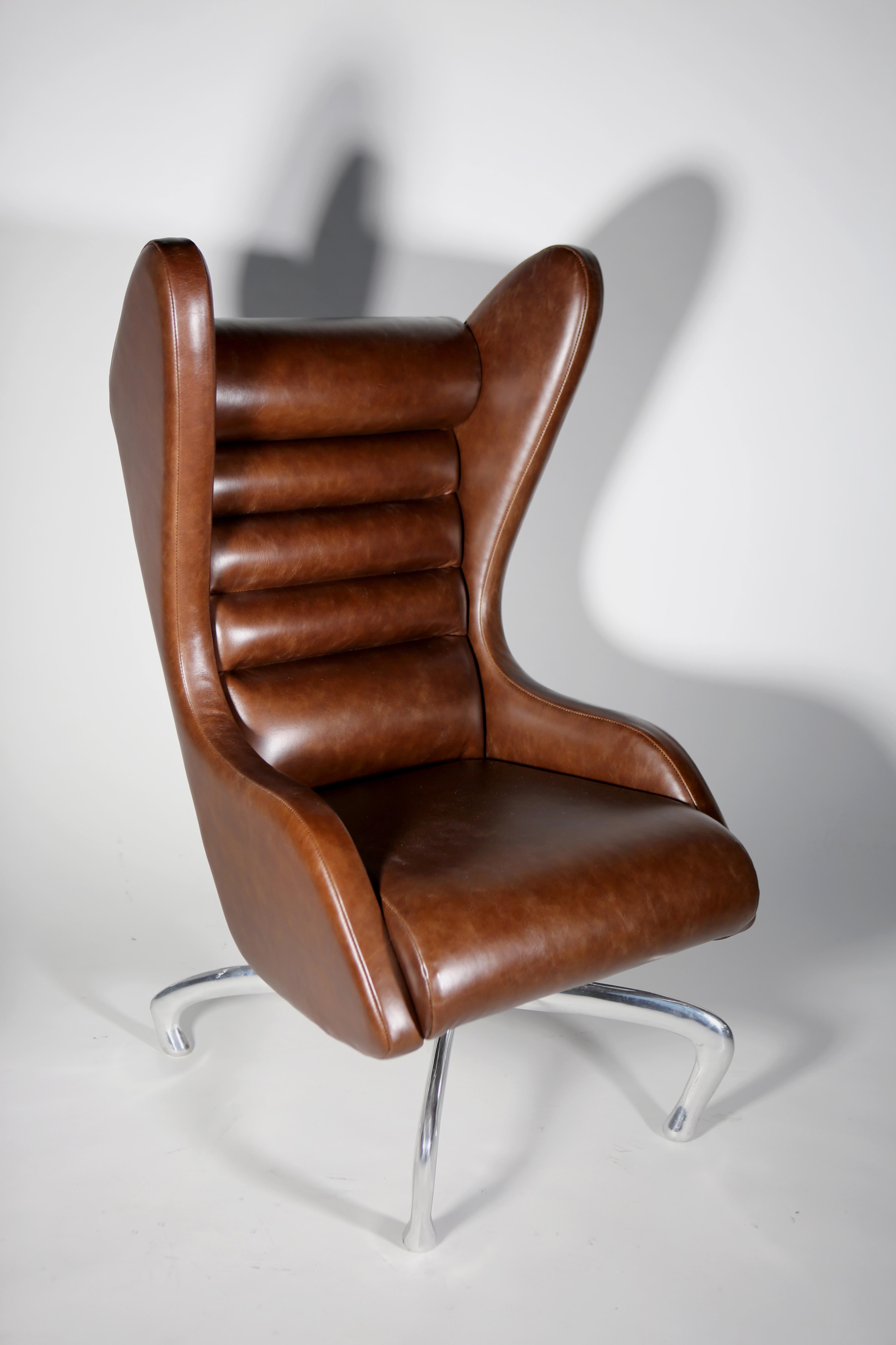 Hand-Carved Cantering Lounge Chair, Leather / Cast Aluminium, Jordan Mozer, USA, 2003-2018 For Sale