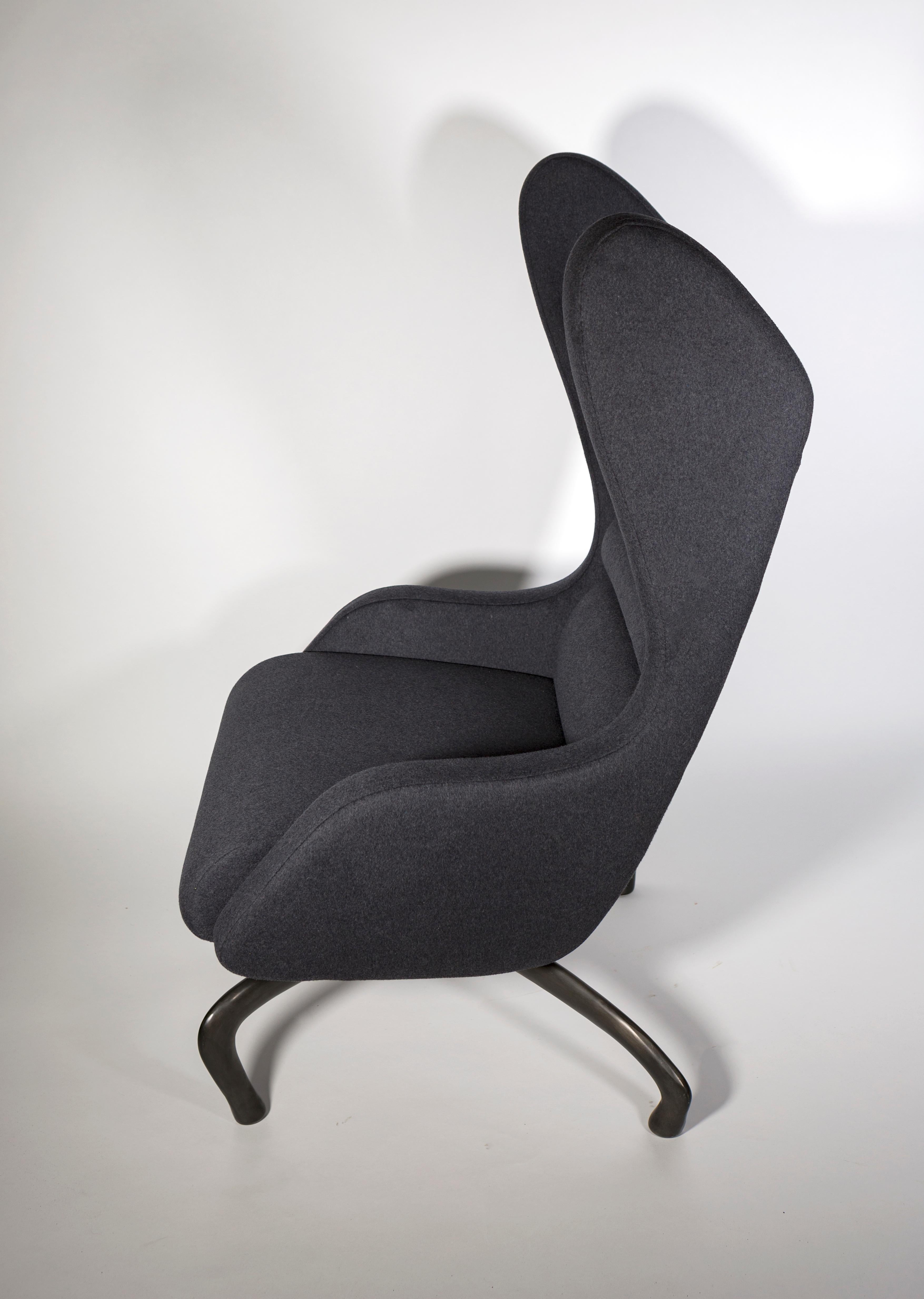 Hand-Carved Cantering Lounge Chair, Wool Flannel / Cast Aluminum, Jordan Mozer, USA, 2003/18 For Sale