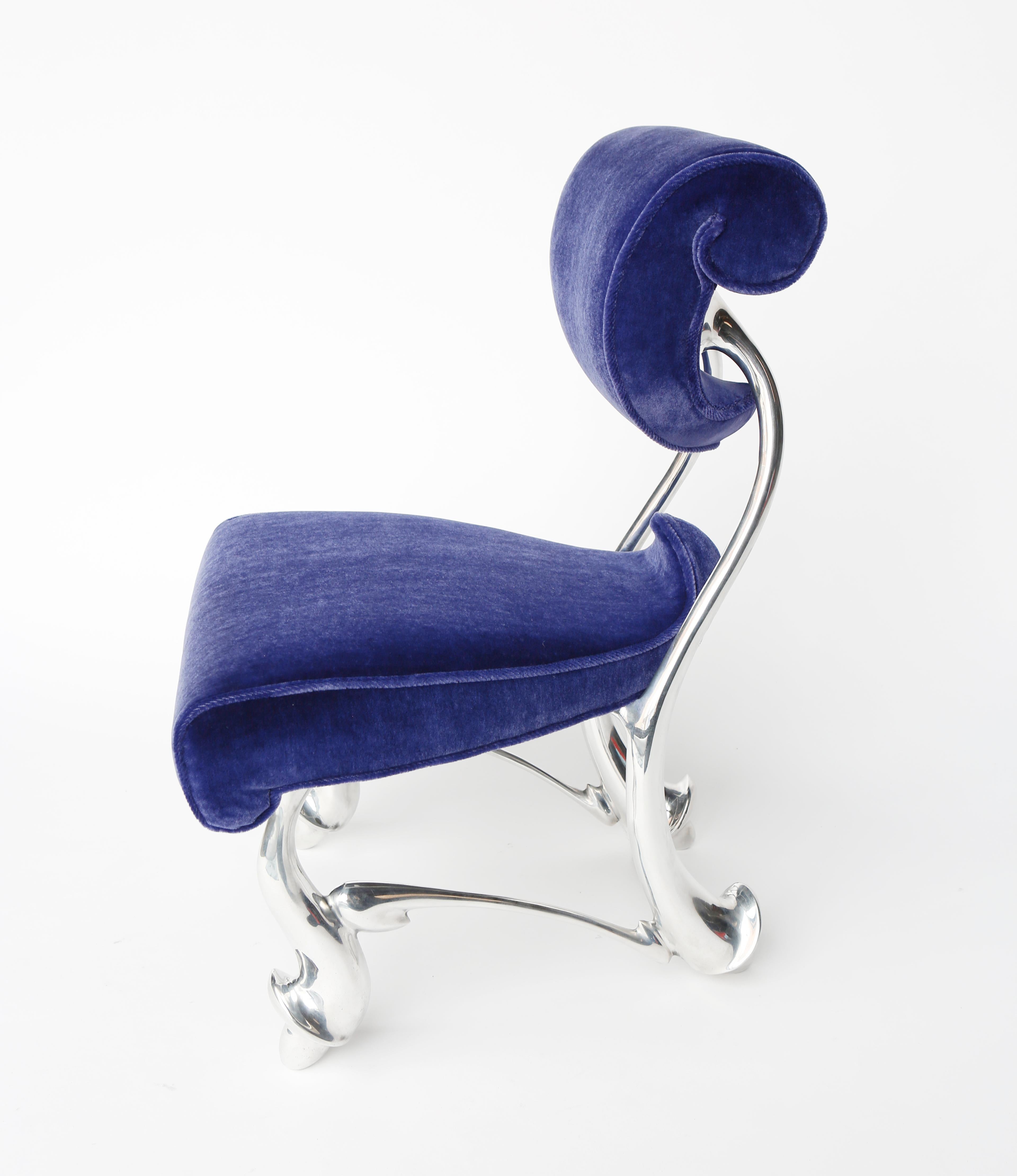 Jordan Mozer (b. 1958), Children's Ballet Chair, (Small): Midnight Blue Wool Mohair and Cast Magnesium-Aluminum, Made in Chicago. 1992/2018. Prototypical, signed. Collection of the artist. Measurements:  19” w x 21” d x 30” h x seat height 15.5
