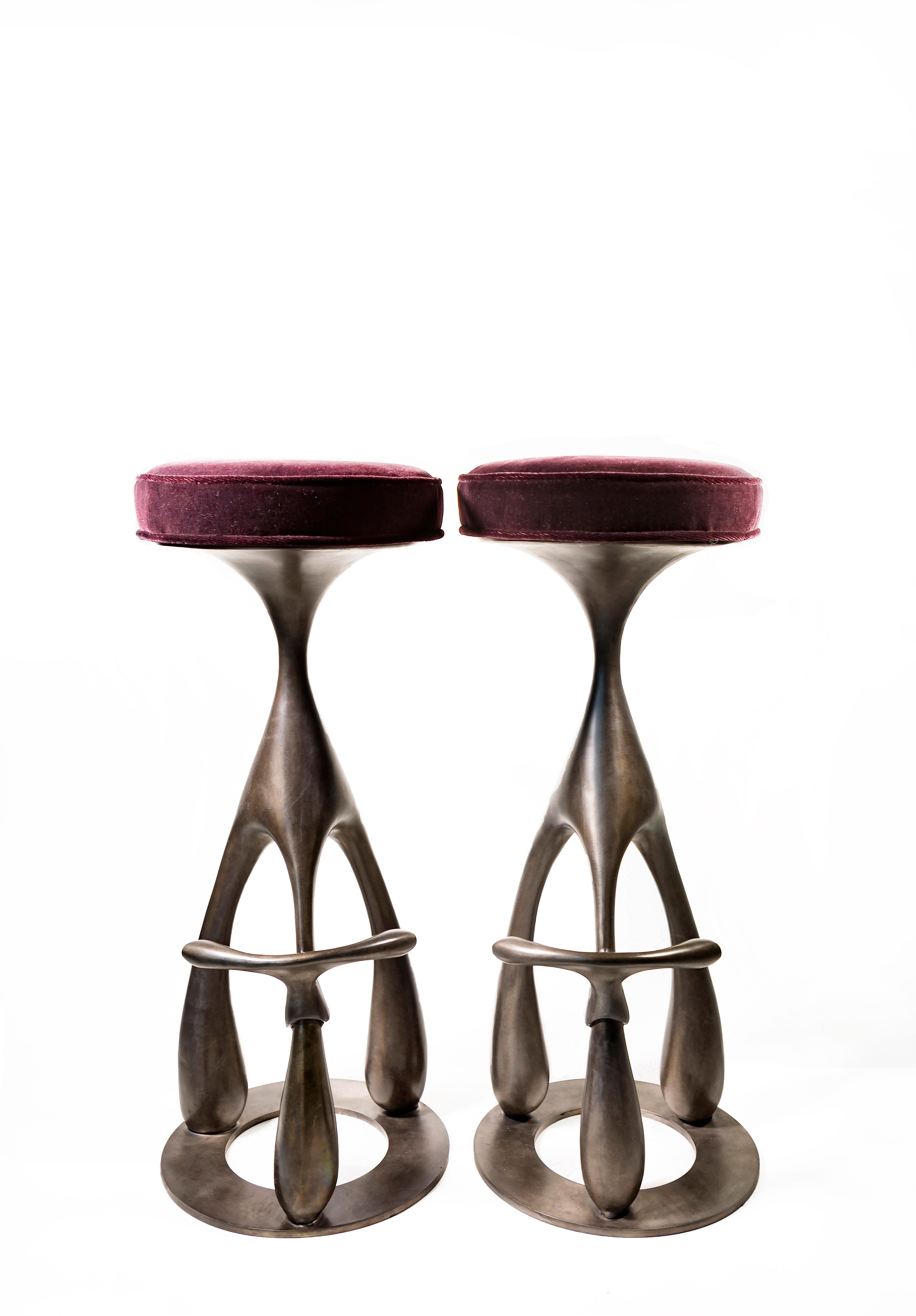 Jordan Mozer (b. 1958): East 3-Leg Goose stool: cast aluminum and mohair. A 2018 variation on a stool designed for the lobby of East in Hamburg in 2004. Jordan Mozer (b.1958). Measures: 13