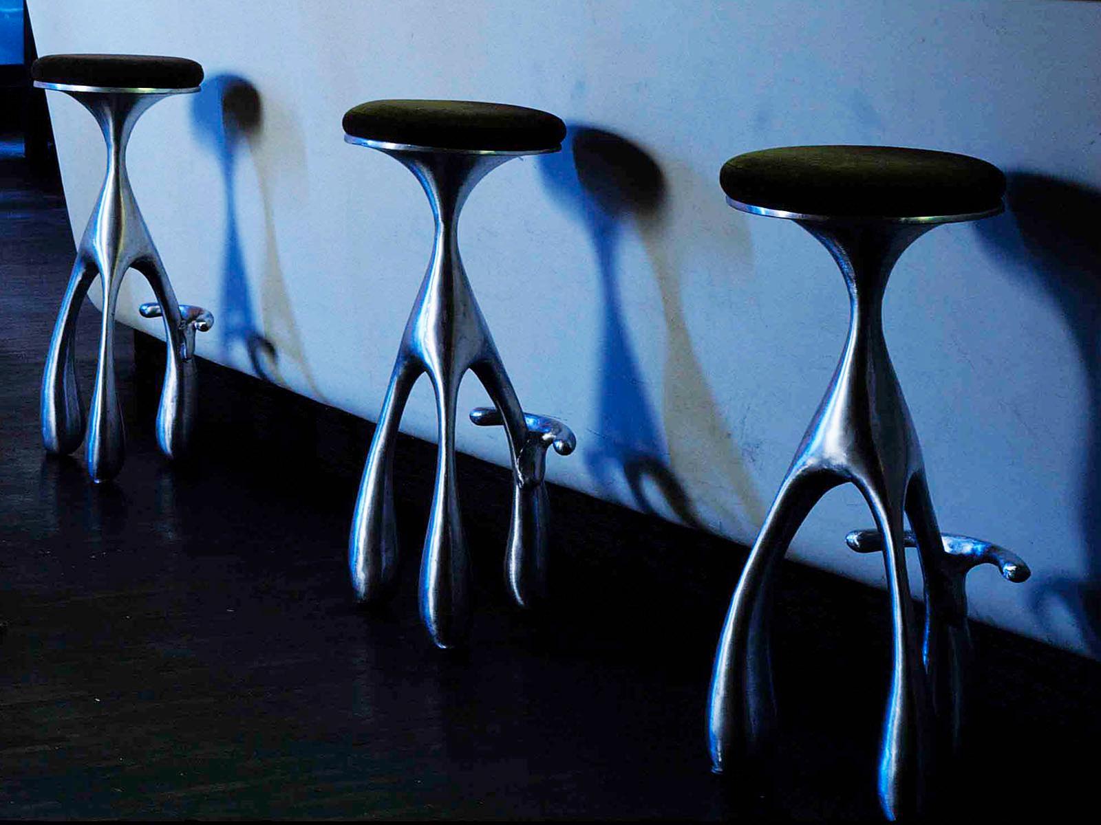 3-Leg Goose Stools, Cast Patinated Aluminum, Mohair, Jordan Mozer, 2004/2018 In New Condition For Sale In Chicago, IL