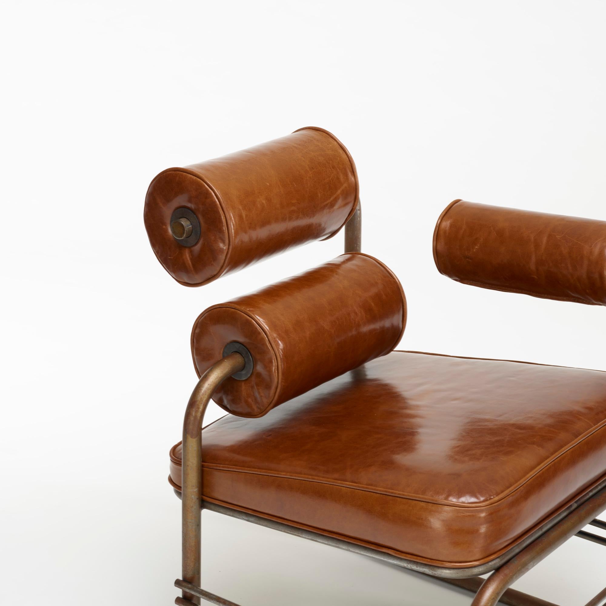 Jordan Mozer (b. 1958), Nautilus One-Armed Steel and Leather Lounge Chair, Created for Sabrina, Chicago, USA 1985/2015. Provenance: collection of the artist. Signed. 27” deep x 24.5” wide x 30 .75 tall, 17” seat (68.6 cm deep x 62 cm wide x 78 cm