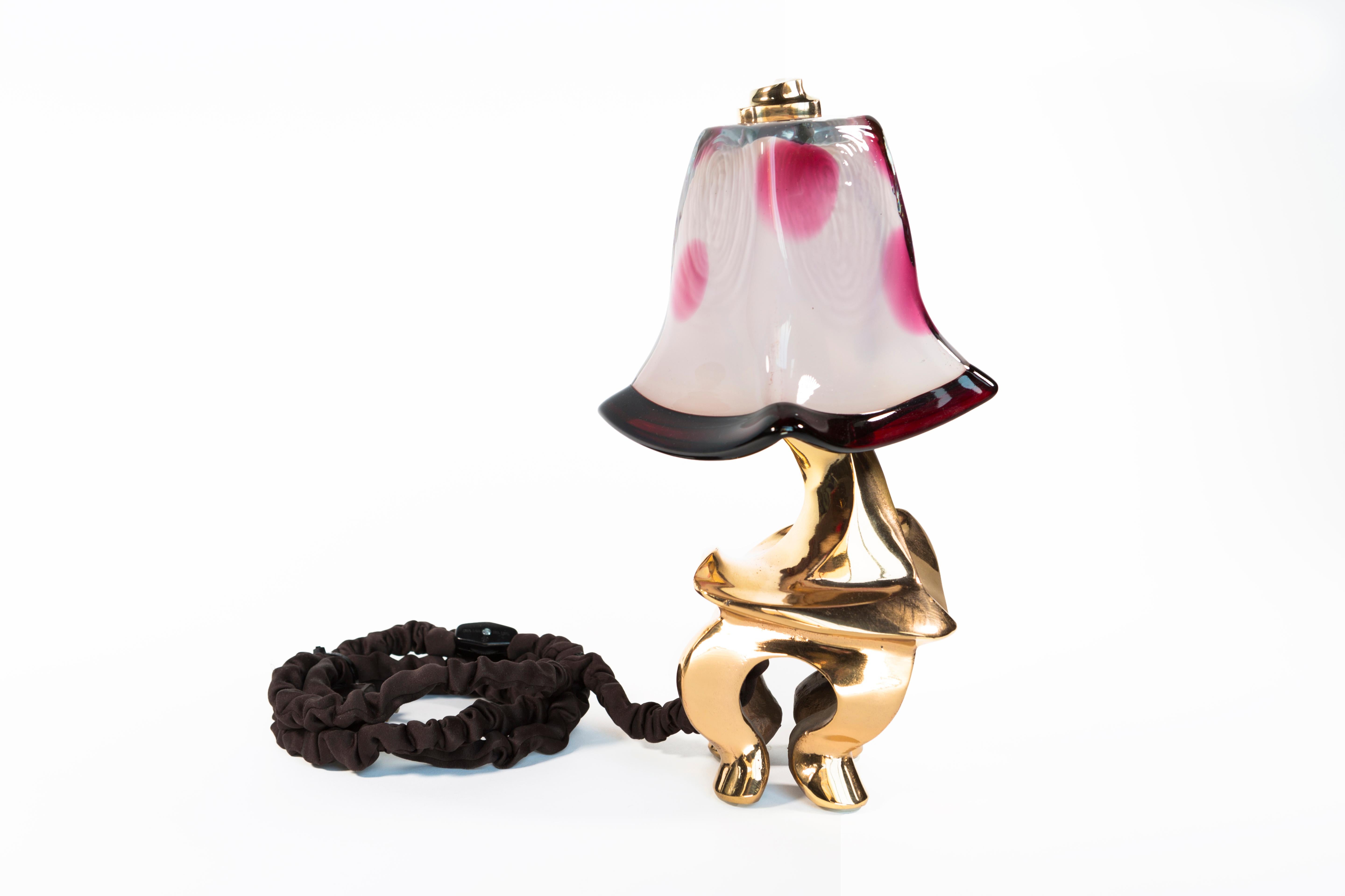 Plié Ballet Table Lamp, investment cast  red bronze, hand-polished, with blown glass. Made in Chicago in 1992 for Iridium Jazz Club, adjacent to Lincoln Center.  Measurements: 6