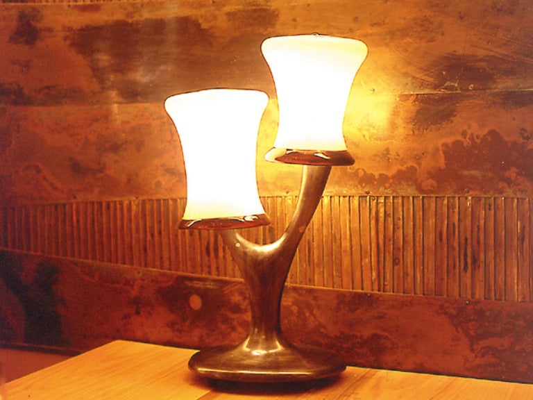 Twins Twig Table Lamp, Carved Cast Aluminum, Blown Glass, Jordan Mozer