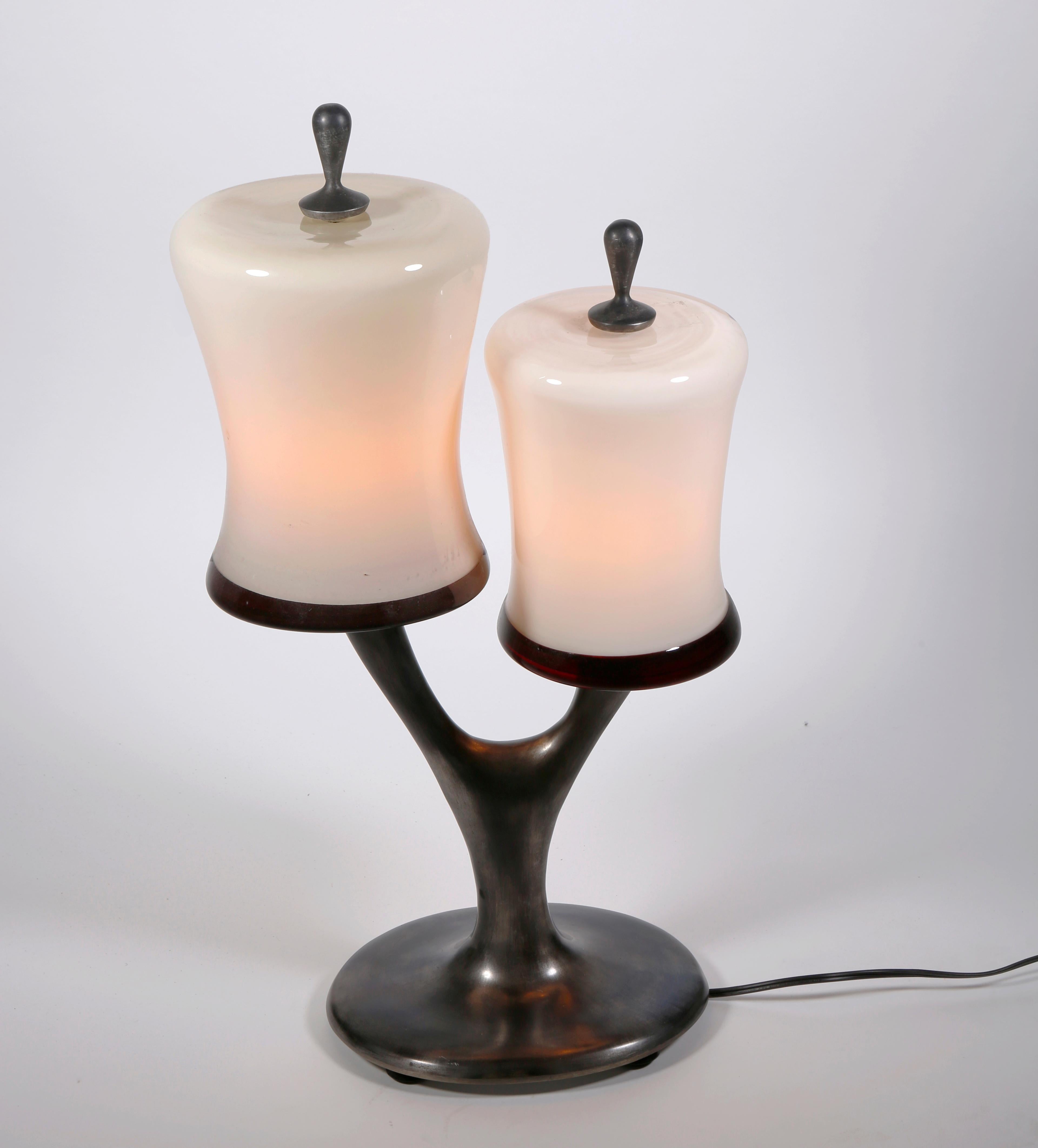 Twins Twig Table Lamp, Carved Cast Aluminum, Blown Glass, Jordan Mozer, USA, 1997 In Excellent Condition For Sale In Chicago, IL