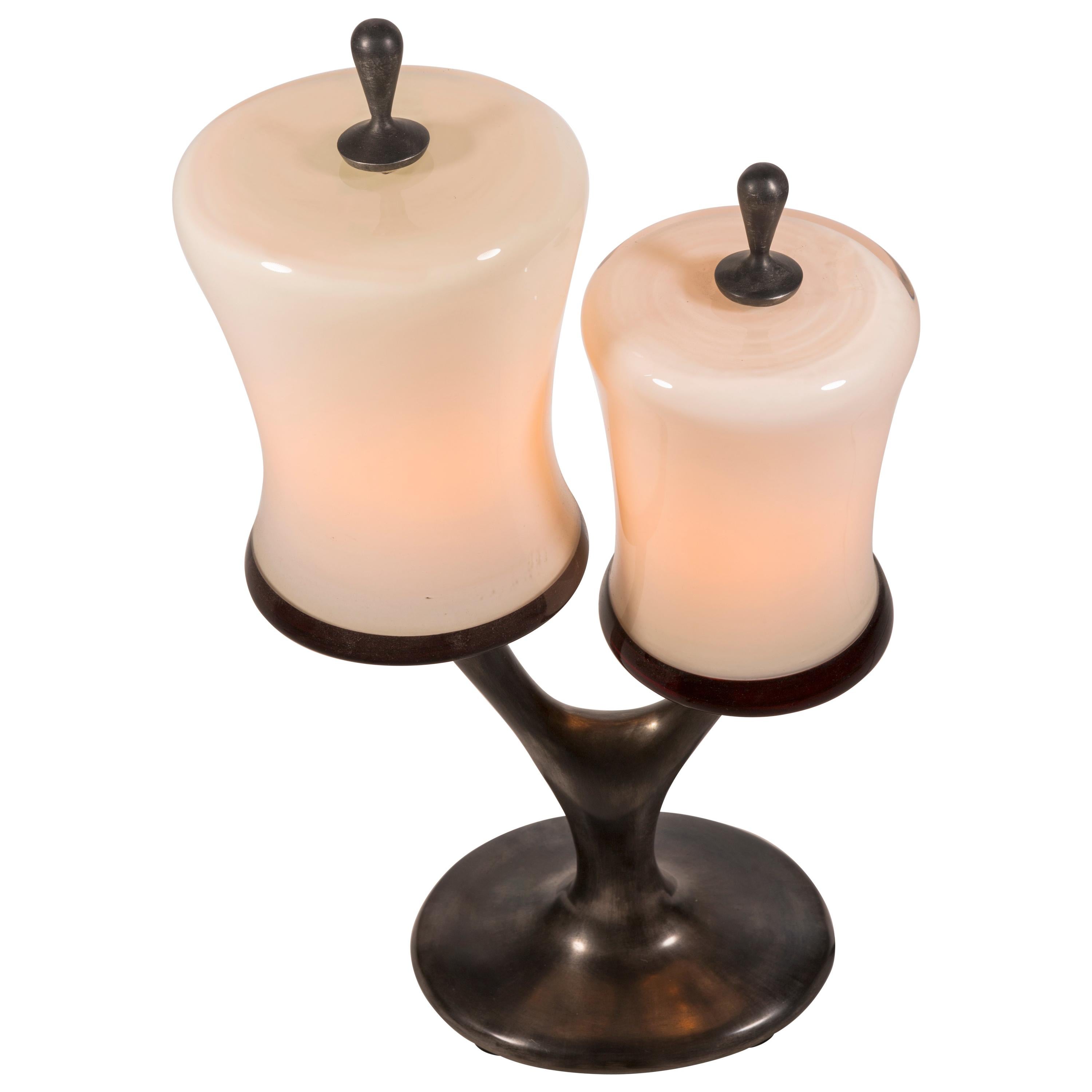 Twins Twig Table Lamp, Carved Cast Aluminum, Blown Glass, Jordan Mozer, USA, 1997 For Sale